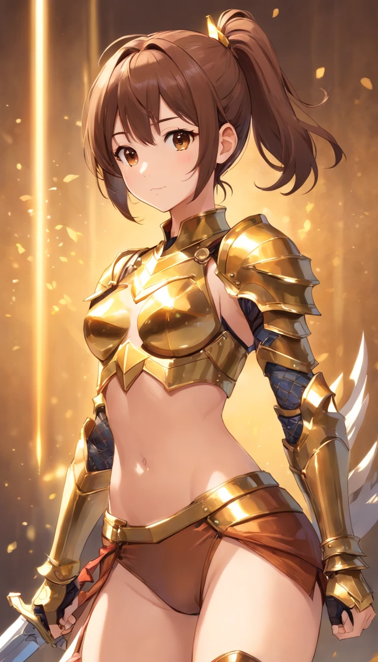 (1 girl,alone) ,fantasy, High resolution, 19 Private, original, (Sheath on the waist:1.3), , short hair, medium breasts, view viewer, bangs ,Hazel Eye Detail, , put your hand on your chest,(brown hair,short ponytail hair:1.5), ,short hair, Are standing,straight, Avec,(Full body Esbian:1.1), white thighs,(Avec:1.4),Close-up portrait of a woman in gold armor, armor girl, ビキニアーマーのfemale knight, Gold Bikini Armor,Gold Bikini Armor, gorgeous female paladin, female knight, 美しいfemale knightの, beautiful armor, Slender、Gold Bikini Armor, exposure of the abdomen, Glamorous Gold Bikini Armor, stunning armor, The knight of beauty smiled,vertical navel、skin luster、Esbians with rough skin,Futomo,Silver Armored Boots,Don, dynamic pose, exposure of the abdomen