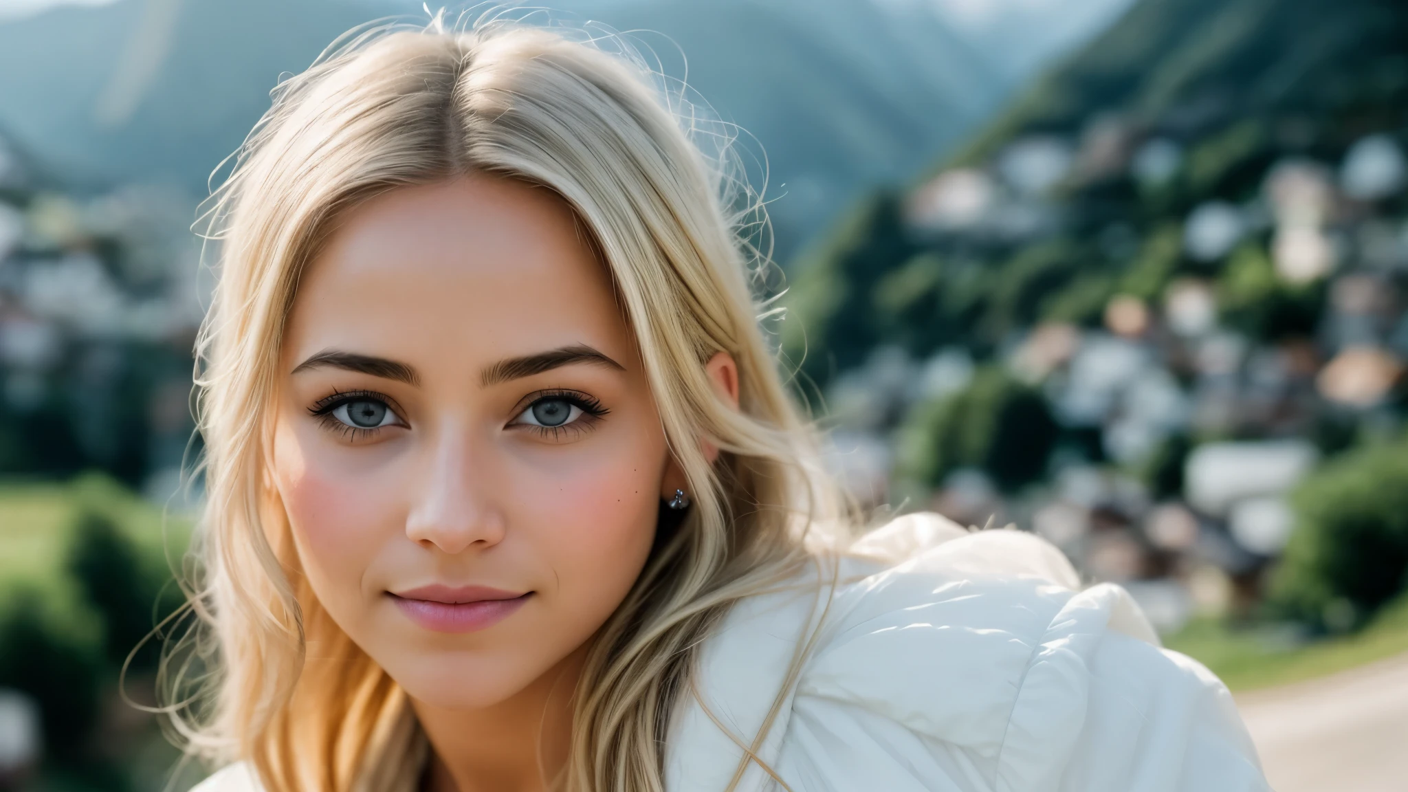 high angle of a Latina woman, with light blonde hair, The background is the village of Grindelwald, Switzerland, smile a little, natural skin texture, 24mm, 4k textures, soft cinematic light, RAW photo, photorealism, photorealistic, intricate, elegant, highly detailed, sharp focus, ((((((cinematic look)))), soft tones, insane details, intricate details, hyperdetailed, low contrast, soft cinematic light, exposure mix, hdr, faded
