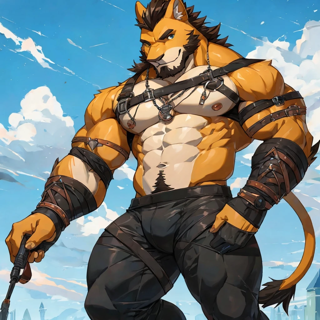 Hombre leon sexy musculoso, solo, con leggings blancos, sin playera, estando de espaldas, agachado, mostrando el trasero de frente 