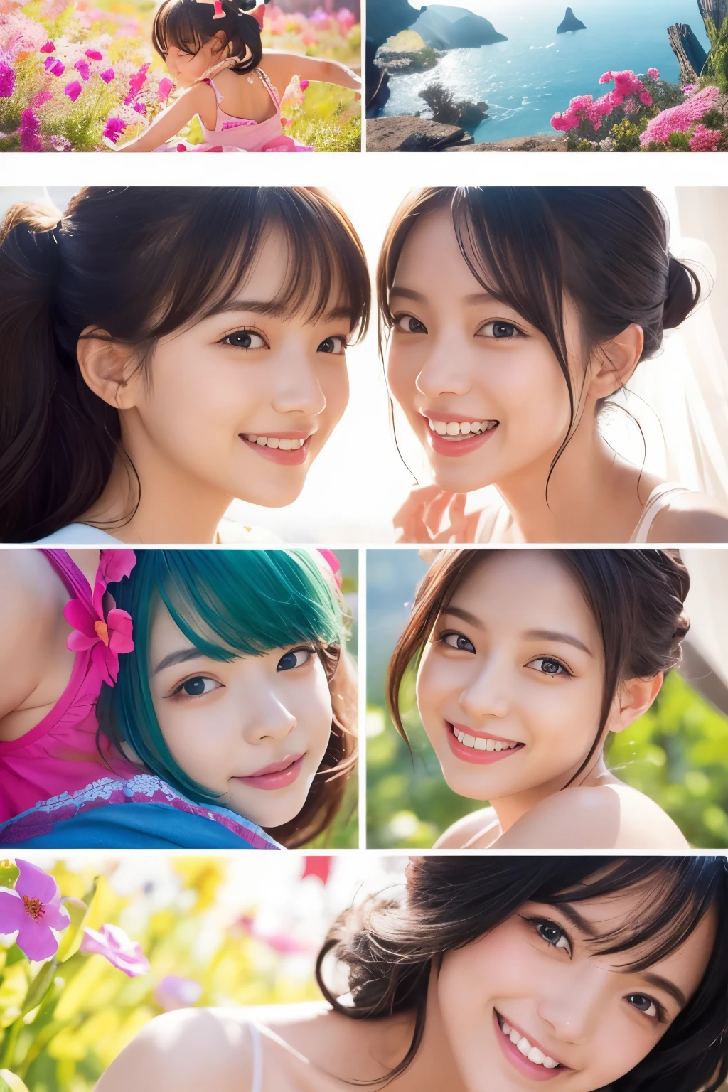 two girls、fun atmosphere, beautiful and fine eyes, cute hairstyles, Vivid costumes, pose playfully, wood々sunlight shining through the gap, soft shadow, Bright colors, lively look, zora々energy, laughter and giggles, delicate flowers,、friendship and bond, capture happy moments, Moderate: Top quality digital illustrations, High resolution), super detailed, realistic, Vibrant color palette, Natural light、light colored room wear