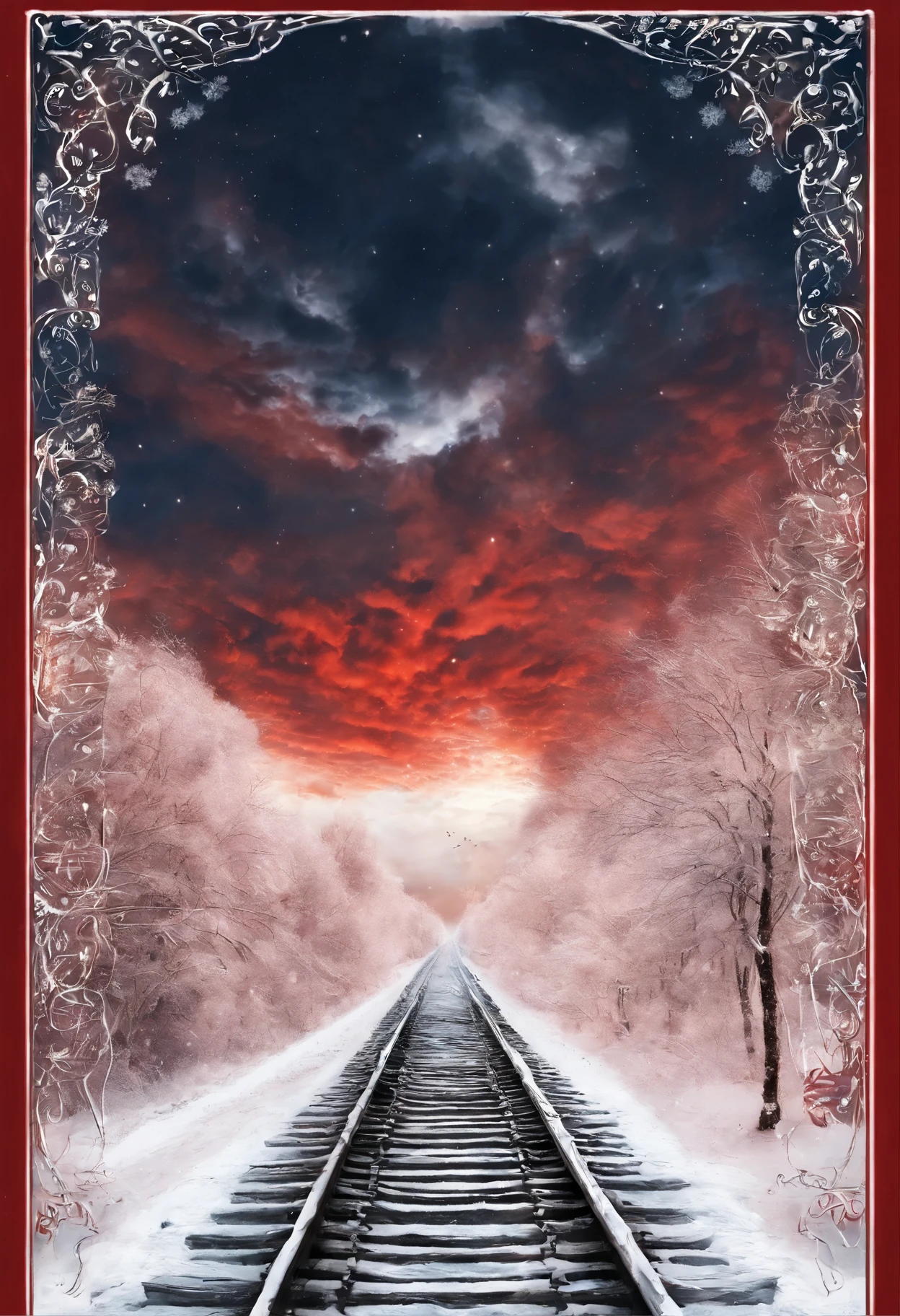 The soul of a red cat, sky, clouds, railway goes into the sky,snow, snowfall, blizzard, railway tracks, train, cat tracks