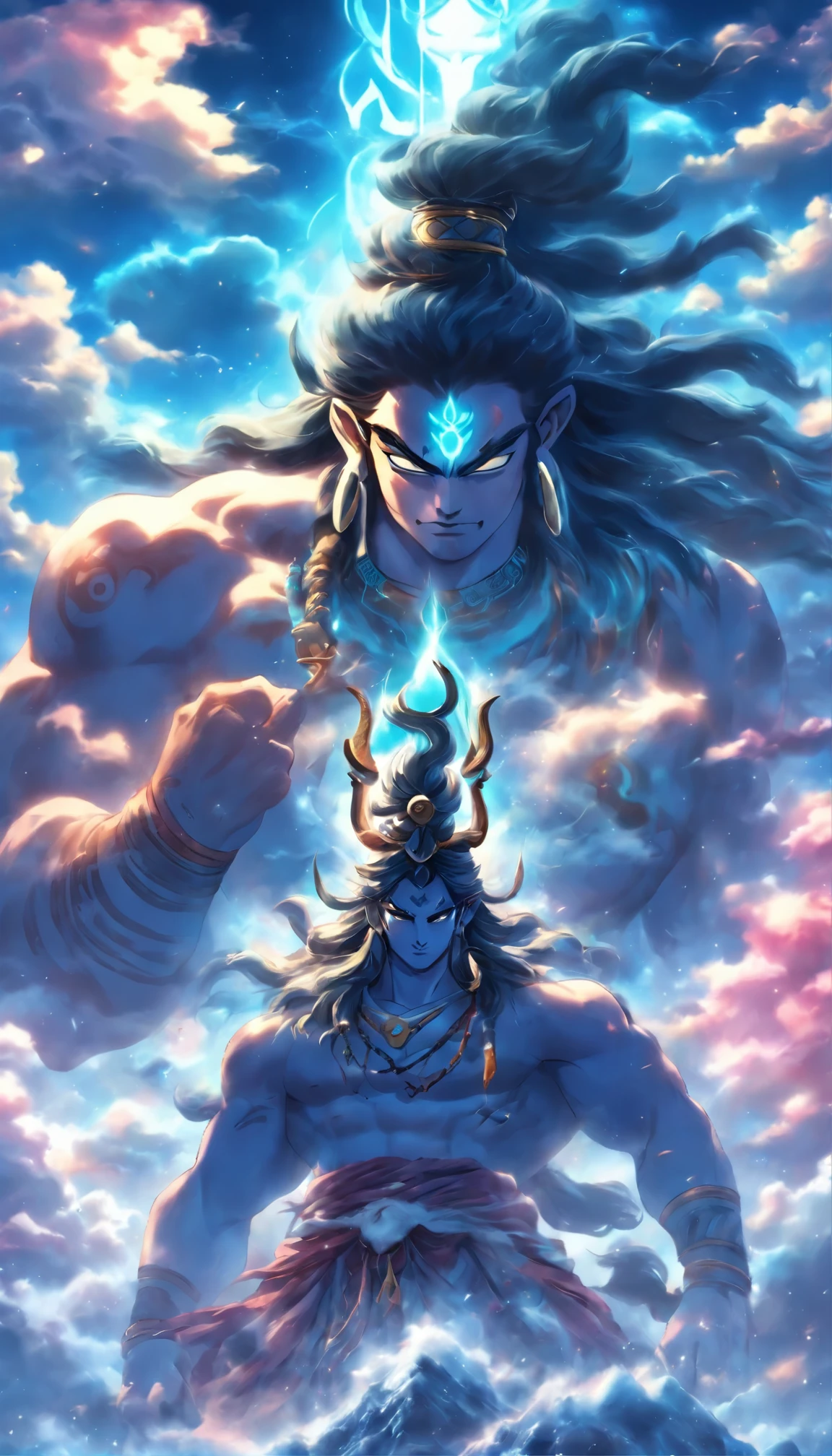 high quality, masterpeice, 8K resolution, huge shiva is image in sky with clouds, bright eyes, dark long hair, Trident in hand, heighly detailed