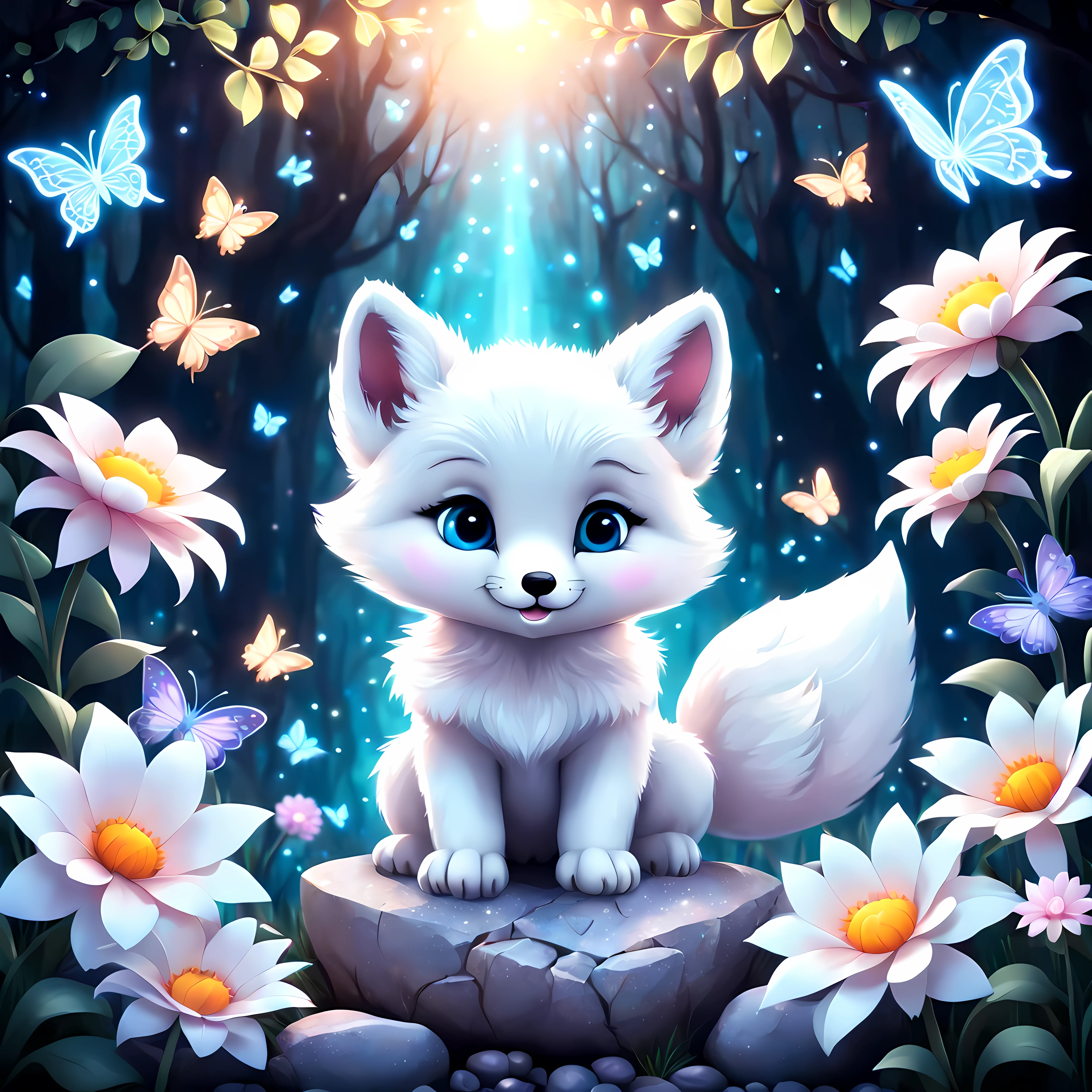 (Cute cartoon style), ((symmetrical close up front view of an adorable)) white fox cub positioned on a rock and surrounded by large magical glowing ((flowers)) and butterflies, enchanting forest in the breathtaking night, shimmer. | ((More_Detail))