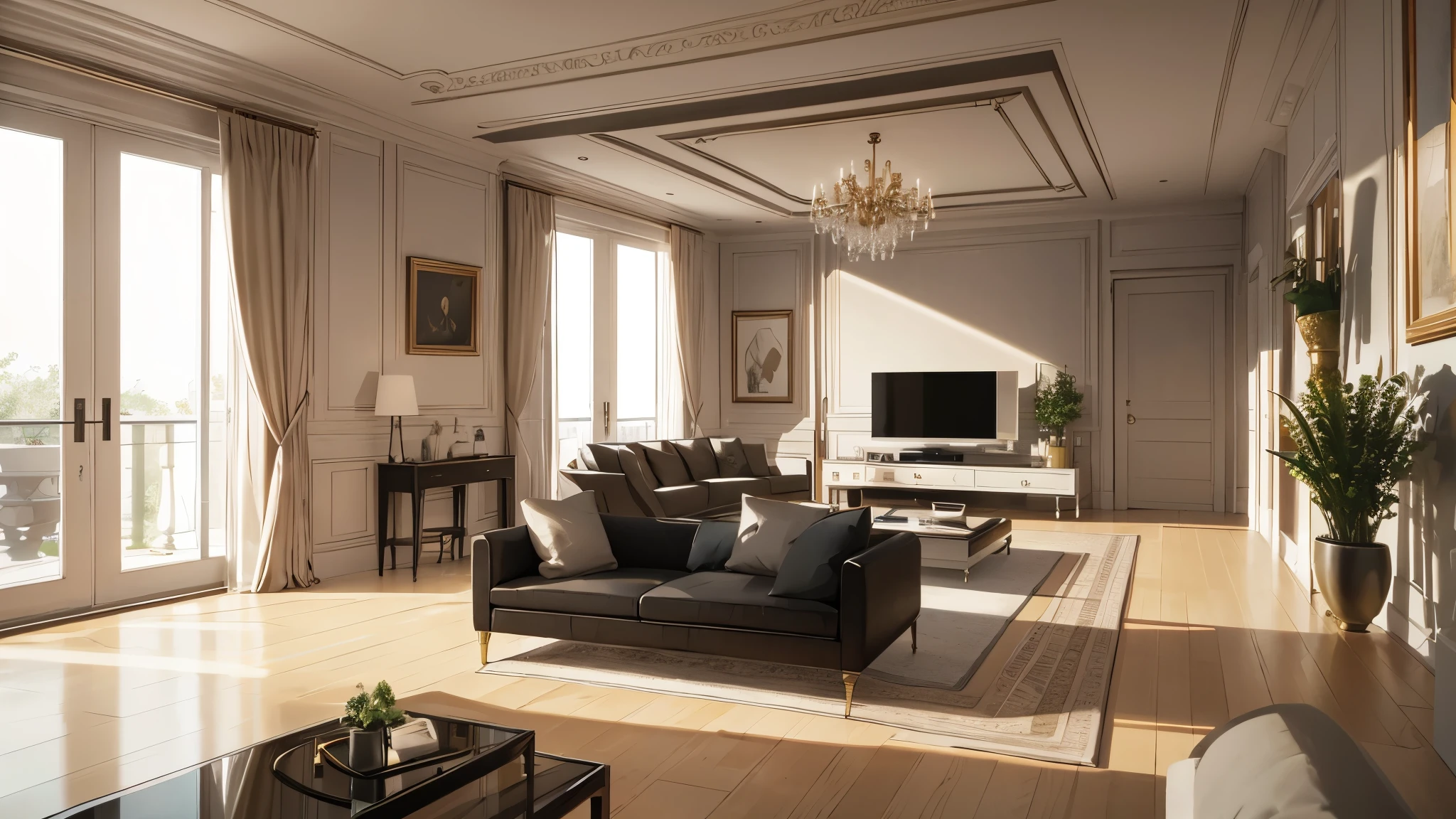 You are a famous interior designer、You have been asked to create a 3D image of a modern large room. Create a harmonious environment with modern and minimalist furniture. Including garden interior.