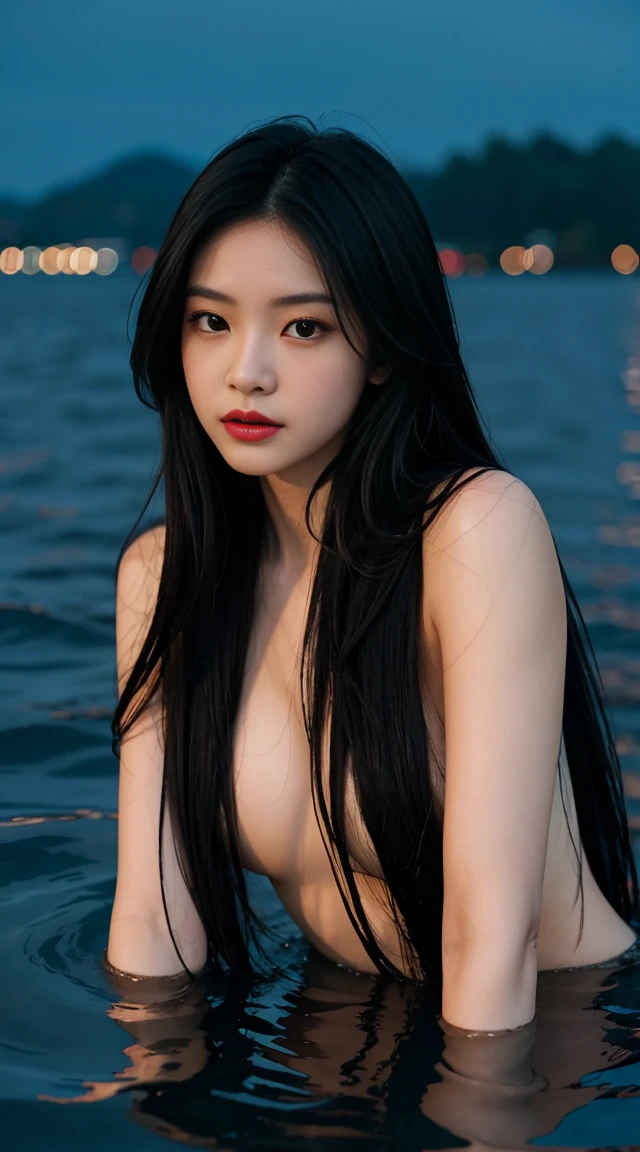 facing at camera,face to the viewer,standing on your feet,High picture quality,Works of masters,Kizi,Black hair,Long hair shawl,Long hair flowing over the shoulders,cropped shoulders,鎖骨,exquisite face,Hydrated red lips,naked and topless, big breash,Hosiery,Expose calves,鎖骨,facing at camera,Single photo,Hosiery,A sad expression,Bust,Real Persono,swimmning,Stand in the water to expose your upper body(the sea),CG rendering,16k,looks into camera,The night view was beautiful,A sad parting,hyper HD,The details were perfect,The picture is real,Extreme picture quality,Highest accuracy,8K resolution,Shades of darkness,8K, Yes ,Ultra HD,8K