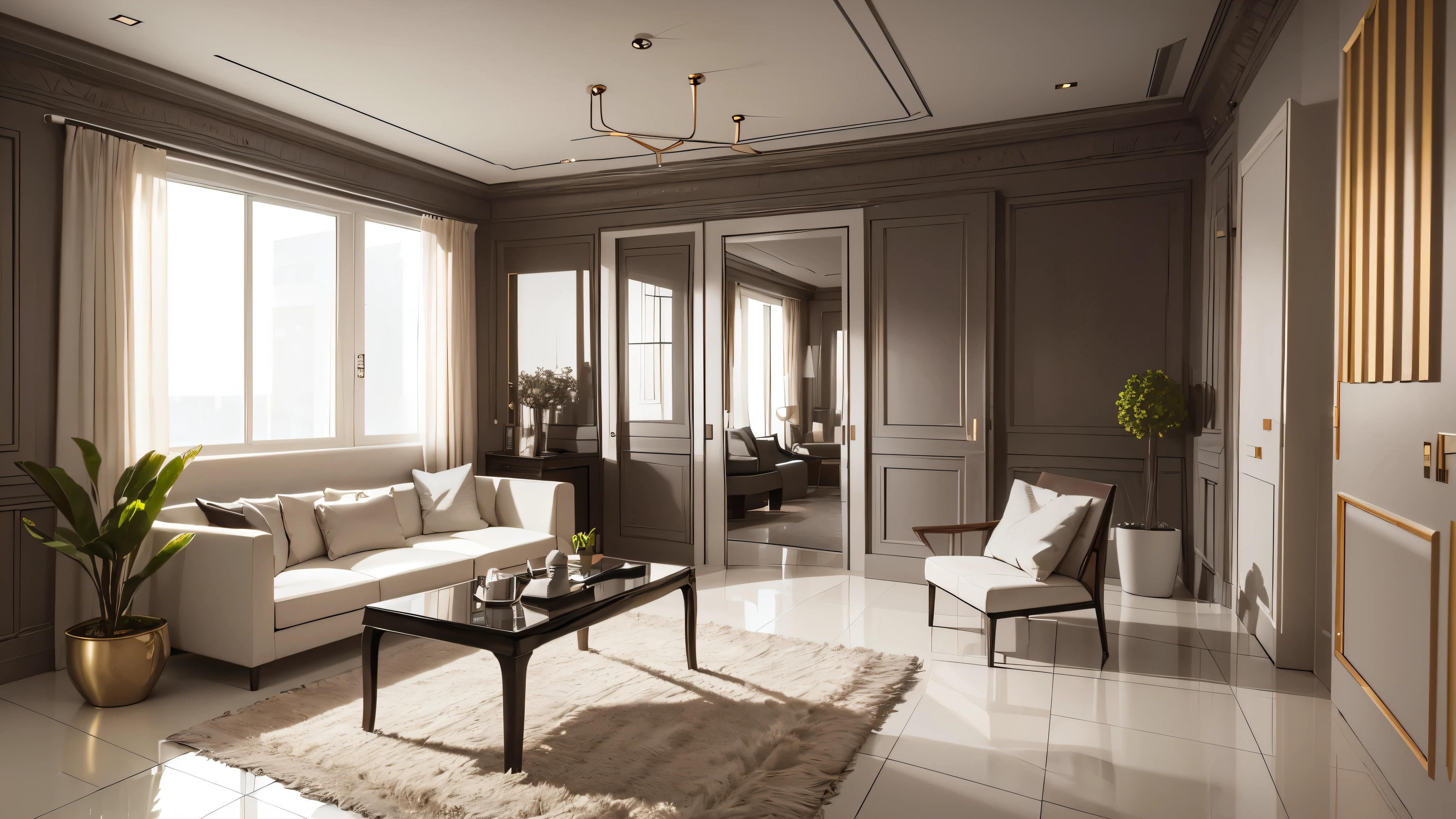 You are a famous interior designer、You have been asked to create a 3D image of a modern large room. Create a harmonious environment with modern and minimalist furniture. Including garden interior.