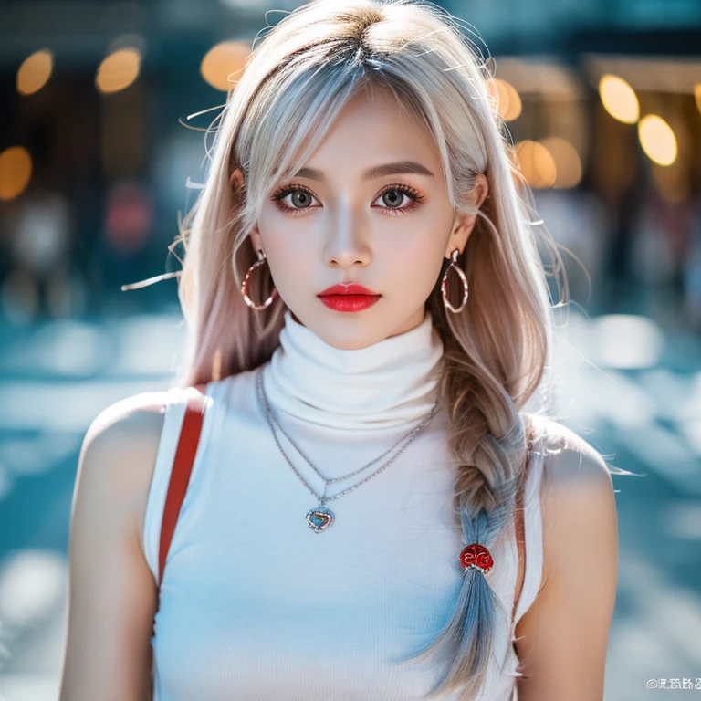  Beautiful girl college student，masterpiece，light makeup，red lips，silver hair，messy long hair，street background，beautiful，grace。super fine details，work，authentic texture，Realistic movie lighting，完美的work，8K，HD，exquisite features，White Skinny Turtleneck Top，White Skinny Shorts，slim body shape，big and bright eyes，，earrings，necklace，Tattoos