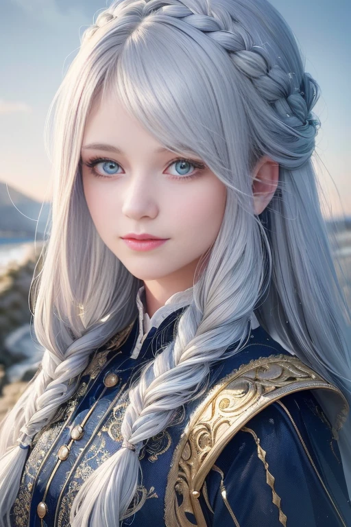 (height:1.2),(best quality,Very detailed,realistic:1.37),(Portrait,traditional Portrait),(Gray hair,blue hair),(Sparkling golden eyes),(flowing white clothes),(look at the sky),(Upper body or whole body),(Hair flowing like a waterfall),(Skin white like snow),(Elegant side braid)
