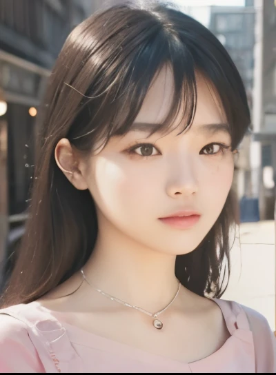 pink clothes,necklace,white shirt,black eyes,black hair,photograph,8K,highest quality,best details
