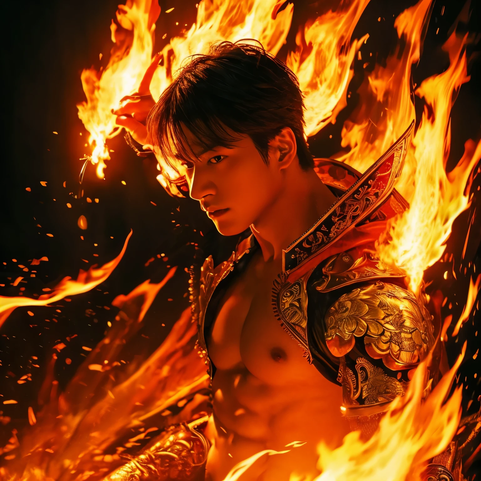masterpiece, highest quality, highest quality, ultra high resolution,born, intricate details, sharp focus, high color saturation, male、alone, cleavage, maleらしい顔, whole body, fire mage, control fire、wave of flame