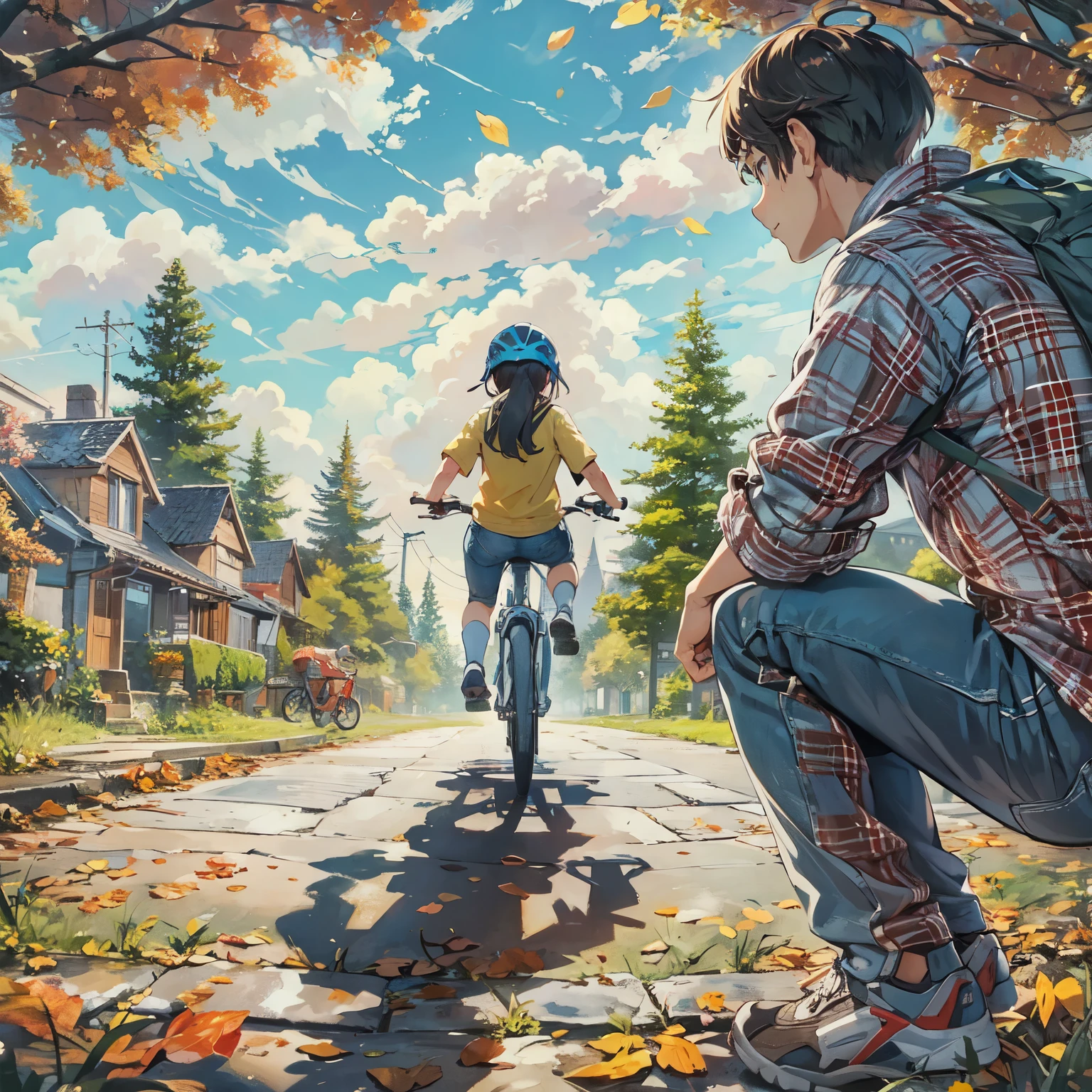 Soft-edged, naturalistic quality with a warm color palette, highlighting the interplay of light and shadow, especially the soft diffusion on the figures and the ground. BREAK
A side-on perspective with foreground focus on a crouched adult figure watching a  ride away on a bike, framed under an overarching tree branch. BREAK
A  in a helmet and casual clothing riding a bike, depicted from behind, and an adult male figure in a plaid shirt and jeans, seen in profile as he watches the . BREAK A tranquil suburban neighborhood with manicured lawns, a variety of well-kept houses, and a clear sky with wispy clouds, casting gentle shadows on the pavement.