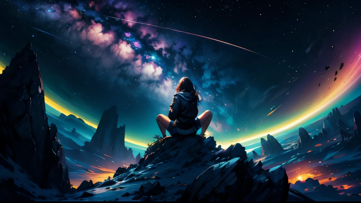 Desenhe uma jovem programadora, sitting on a research platform floating in the middle of an asteroid belt.She's studying with a notebook, surrounded by several asteroids glowing with fiery auras QUEBRAR Dramatic lighting from distant stars and planets illuminates the scene, casting deep shadows on the costume. A jovem parece confiante e determinada, Looking at the vast and mysterious universe with awe and respect,QUEBRAR,detalhado,realista,Arte digital altamente detalhada em 4k,Octane rendering, bioluminescente, QUEBRAR 8K resolution concept art, realismo,by Mappa studios,obra de arte,melhor qualidade,arte oficial,illustration,linha clara,(legal_cor),perfect composition,absurdos, Fantasia,focado,Rule of Thirds