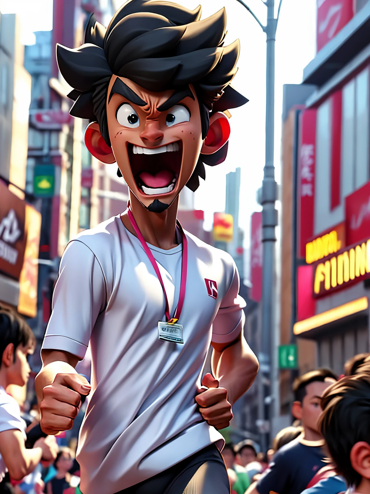 anime illustration、man running in a marathon、crowd
