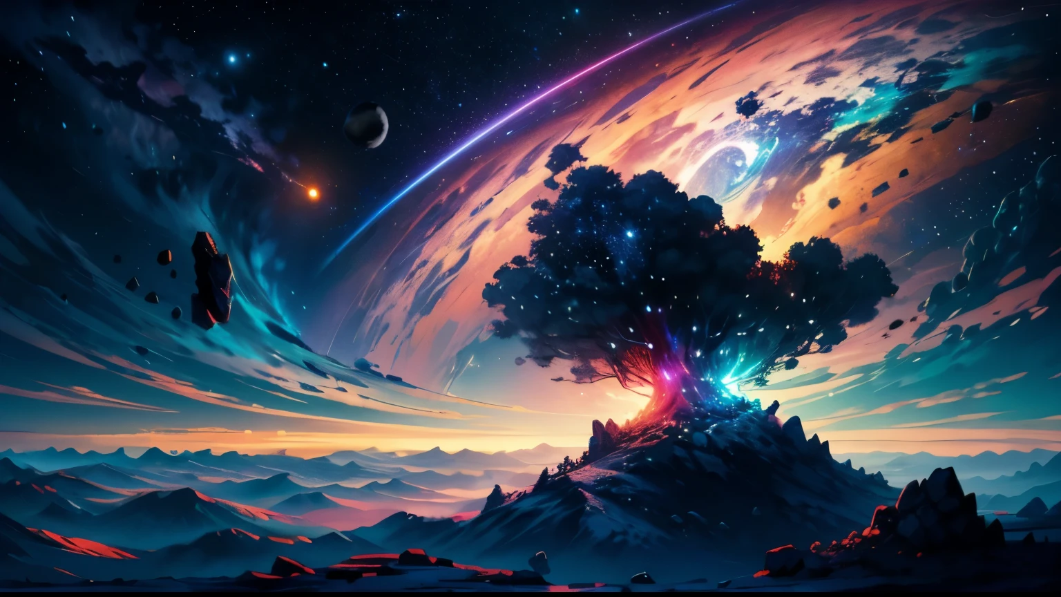 Desenhe uma jovem programadora, sitting on a research platform floating in the middle of an asteroid belt.She's studying with a notebook, surrounded by several asteroids glowing with fiery auras QUEBRAR Dramatic lighting from distant stars and planets illuminates the scene, casting deep shadows on the costume. A jovem parece confiante e determinada, Looking at the vast and mysterious universe with awe and respect,QUEBRAR,detalhado,realista,Arte digital altamente detalhada em 4k,Octane rendering, bioluminescente, QUEBRAR 8K resolution concept art, realismo,by Mappa studios,obra de arte,melhor qualidade,arte oficial,illustration,linha clara,(legal_cor),perfect composition,absurdos, Fantasia,focado,Rule of Thirds