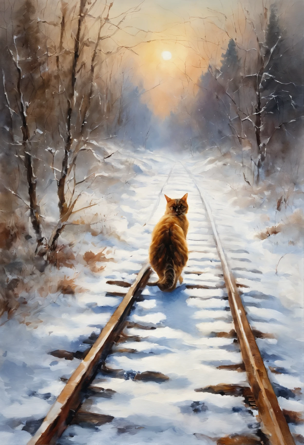 a painting of a cat walking along snow-covered railway tracks, ,The soul of a red cat, the railway goes into the sky, snow, snowfall, railway tracks, train, cat tracks, Andrzej Wroblewski, Andrei Gordeev, Relya Penezich, a painting of a cat, based on Raymond Leach, Tadeusz Pruszkowski, a painting of a cat By Brian Thomas, by Pavel Fedotov