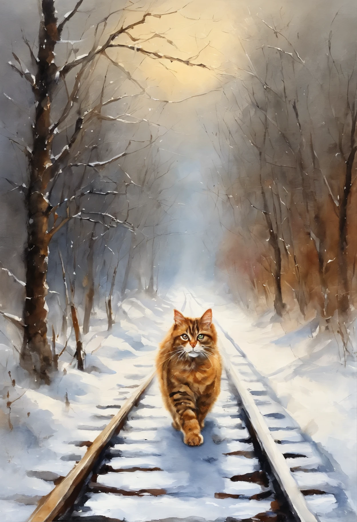 a painting of a cat walking along snow-covered railway tracks, ,The soul of a red cat, the railway goes into the sky, snow, snowfall, railway tracks, train, cat tracks, Andrzej Wroblewski, Andrei Gordeev, Relya Penezich, a painting of a cat, based on Raymond Leach, Tadeusz Pruszkowski, a painting of a cat By Brian Thomas, by Pavel Fedotov
