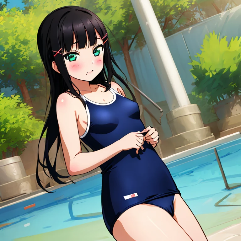 masterpiece,best quality,ultra detailed, best illustration, nsfw, 1girl, black_hair, bangs, long_hair, hair_ornament, blunt_bangs, blush, green_eyes, hairclip, aqua_eyes, T46405, blue one-piece swimsuit