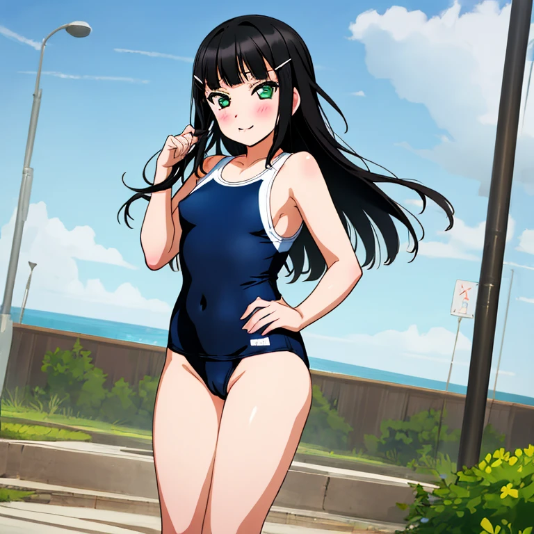 masterpiece,best quality,ultra detailed, best illustration, nsfw, 1girl, black_hair, bangs, long_hair, hair_ornament, blunt_bangs, blush, green_eyes, hairclip, aqua_eyes, T46405, blue one-piece swimsuit