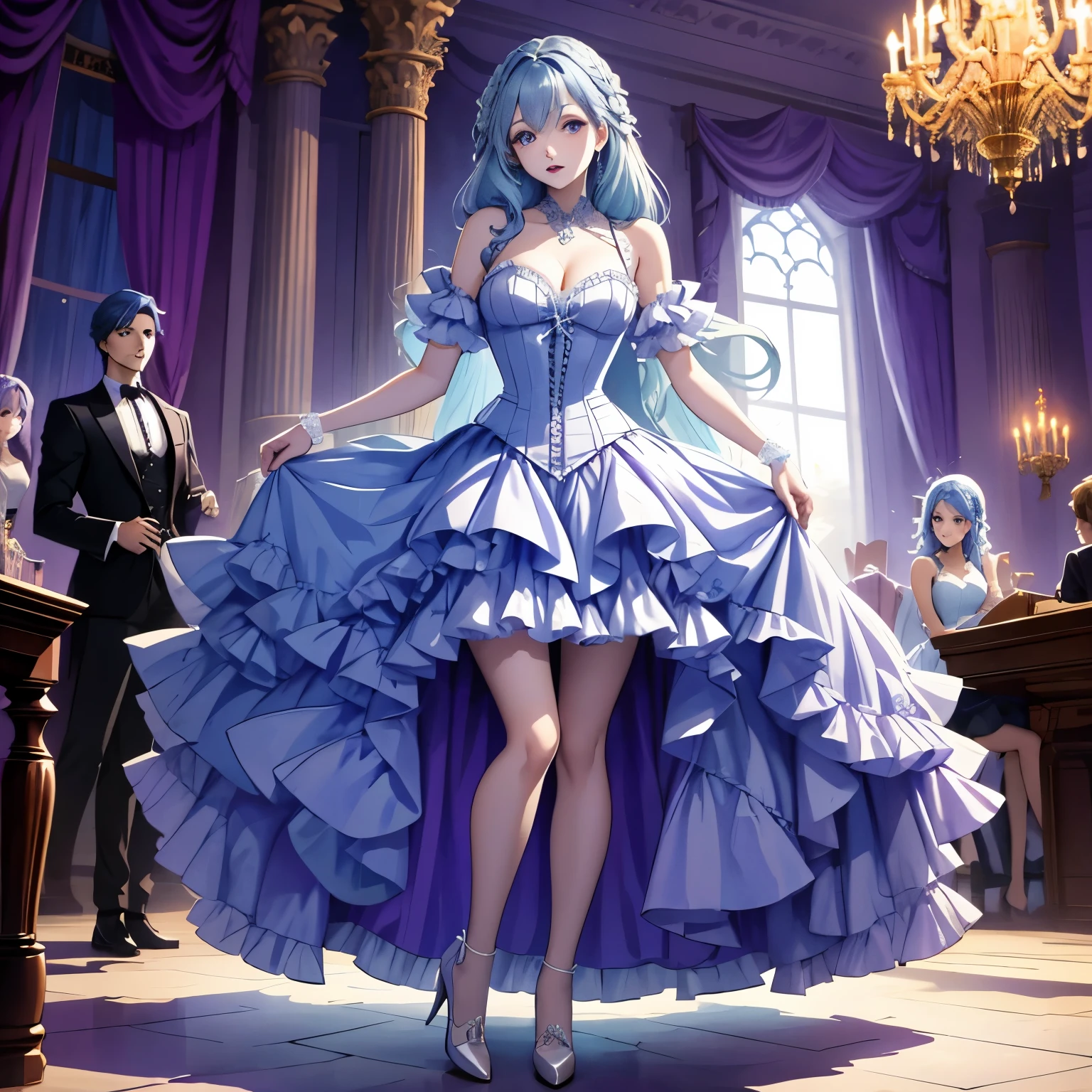 Young woman, long hair, knee legnth hair, very light blue hair, thick braid, broad shoulders, lavender eyes, pale skin, flat chested, light pale purple dress, ballgown, full body, castle ballroom, warm lighting