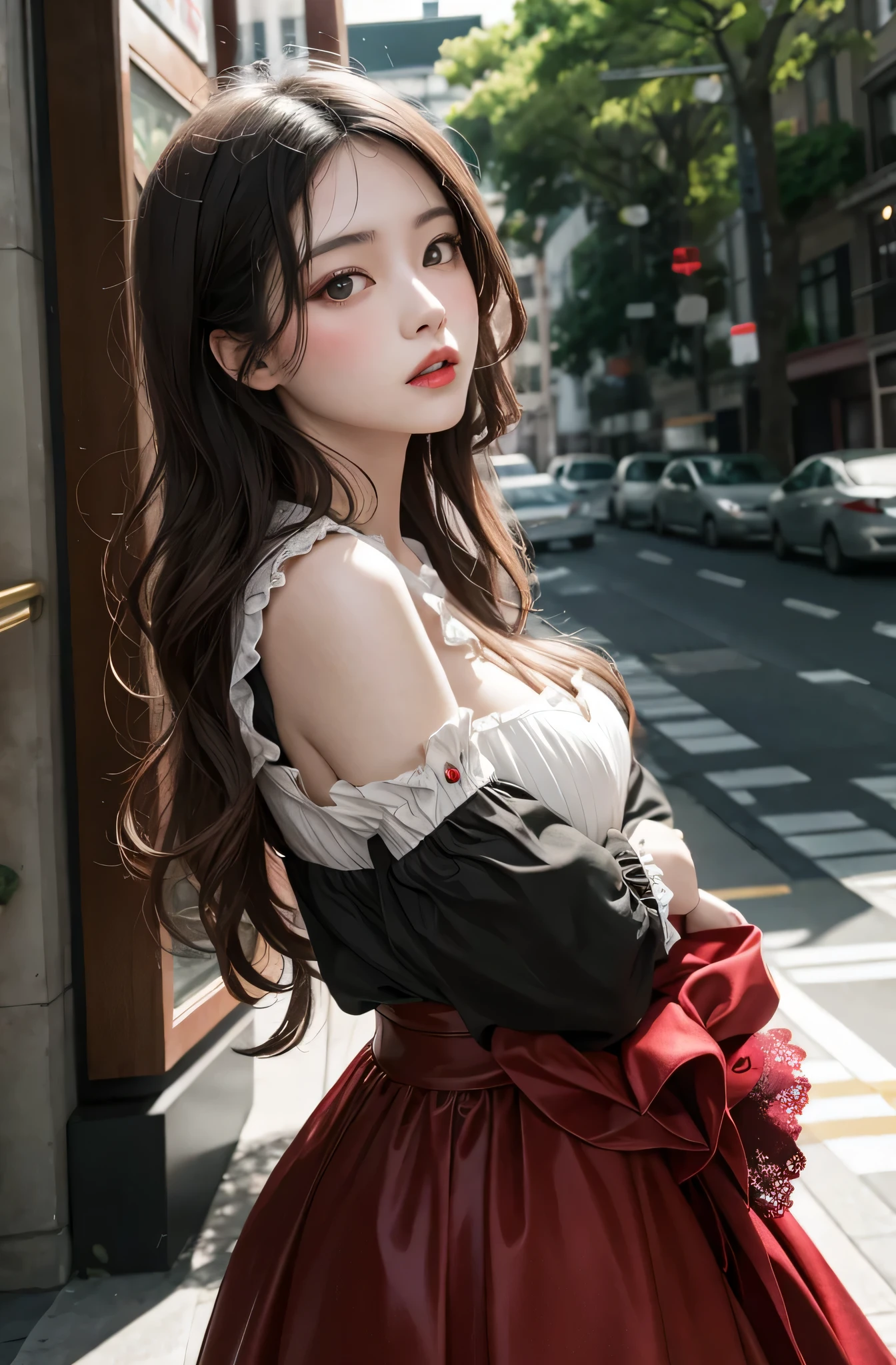 red and green、Analog 150mm Renault Tiful Natural Soft Rim Light、long wave hair、Slutty,colorful details、Surrealism、Rococo、terrible、Eliza Ikeda