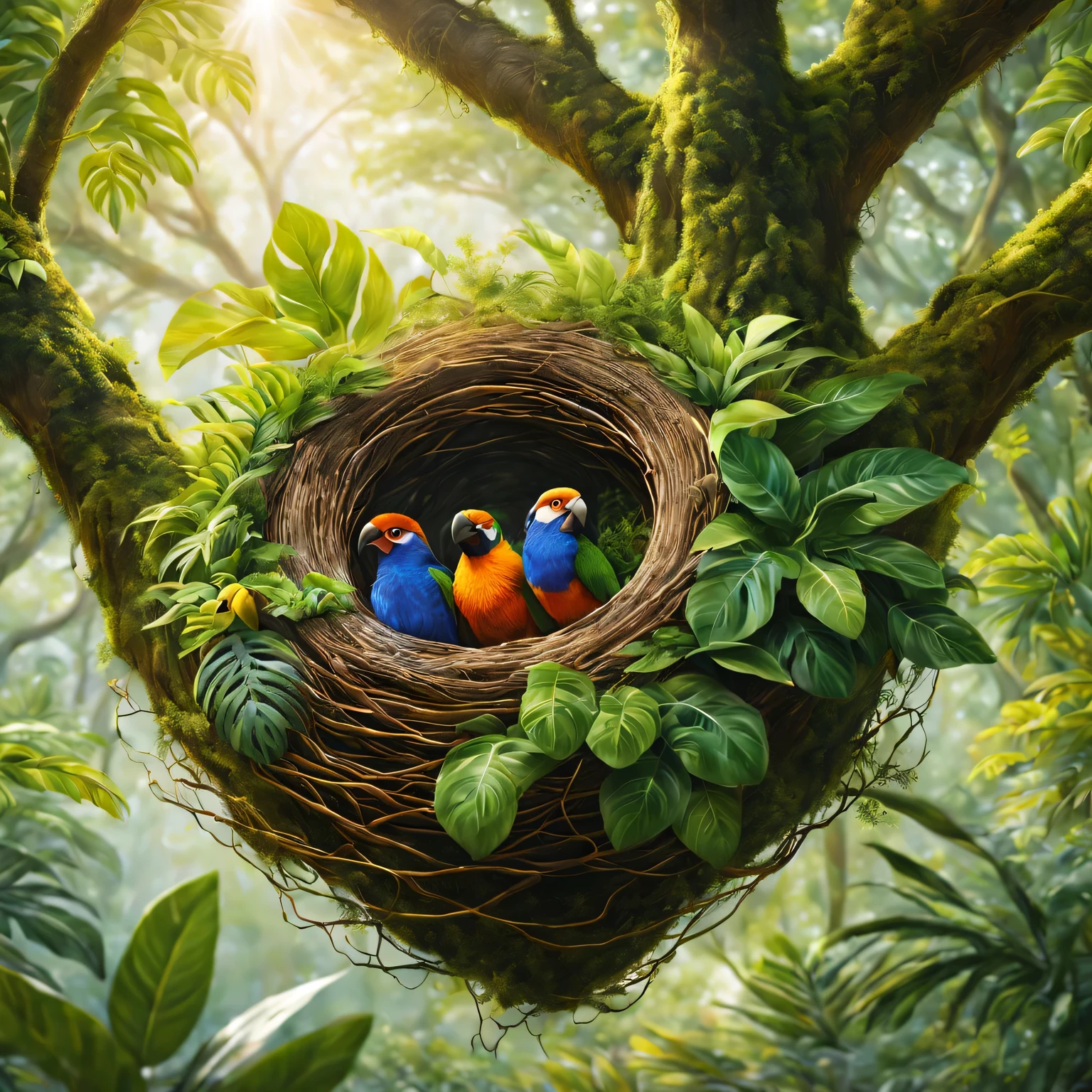 tree nest,In dense tropical forests,Bright colors of nature,Delicate and intricate weave,best quality,Super detailed,Fine craftsmanship,soft feather,sparkling in the sun,branches and leaves intertwined,Natural and organic,exquisite masterpiece,Beautifully designed,hanging from branches,hide and protect,Harmony with surroundings,Very attentive to details,Give birth to new life,serenity and calm,high resolution,Well-constructed,Warm and safe,Blend seamlessly with nature,Vivid green leaves,lifelike,dappled sunshine,Peaceful and comfortable,amidst the lush canopy of trees,Dreamlike and ethereal,Superb Creation.