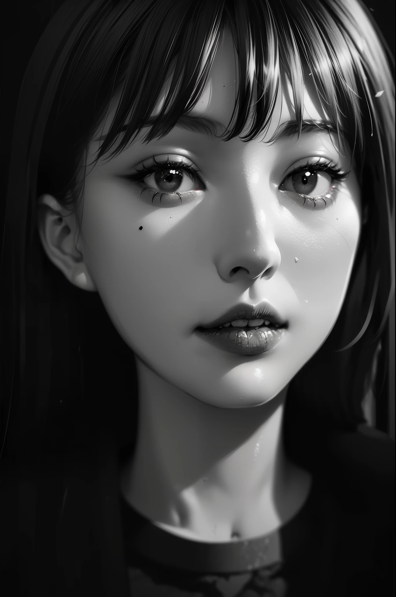 black andwhite，Absolutely beautiful woman，Bust，Broken mirror，Black and white splitting，Red tears，Black and white painting，Broken，sublevel，Black and white，Eroded by darkness and light，对称