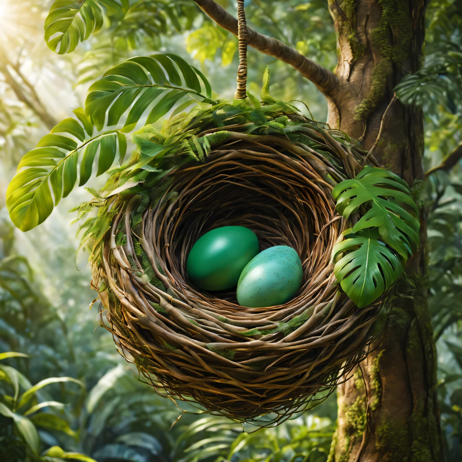 tree nest,In dense tropical forests,Bright colors of nature,Delicate and intricate weave,best quality,Super detailed,Fine craftsmanship,soft feather,sparkling in the sun,branches and leaves intertwined,Natural and organic,exquisite masterpiece,Beautifully designed,hanging from branches,hide and protect,Harmony with surroundings,Very attentive to details,Give birth to new life,serenity and calm,high resolution,Well-constructed,Warm and safe,Blend seamlessly with nature,Vivid green leaves,lifelike,dappled sunshine,Peaceful and comfortable,amidst the lush canopy of trees,Dreamlike and ethereal,Superb Creation.