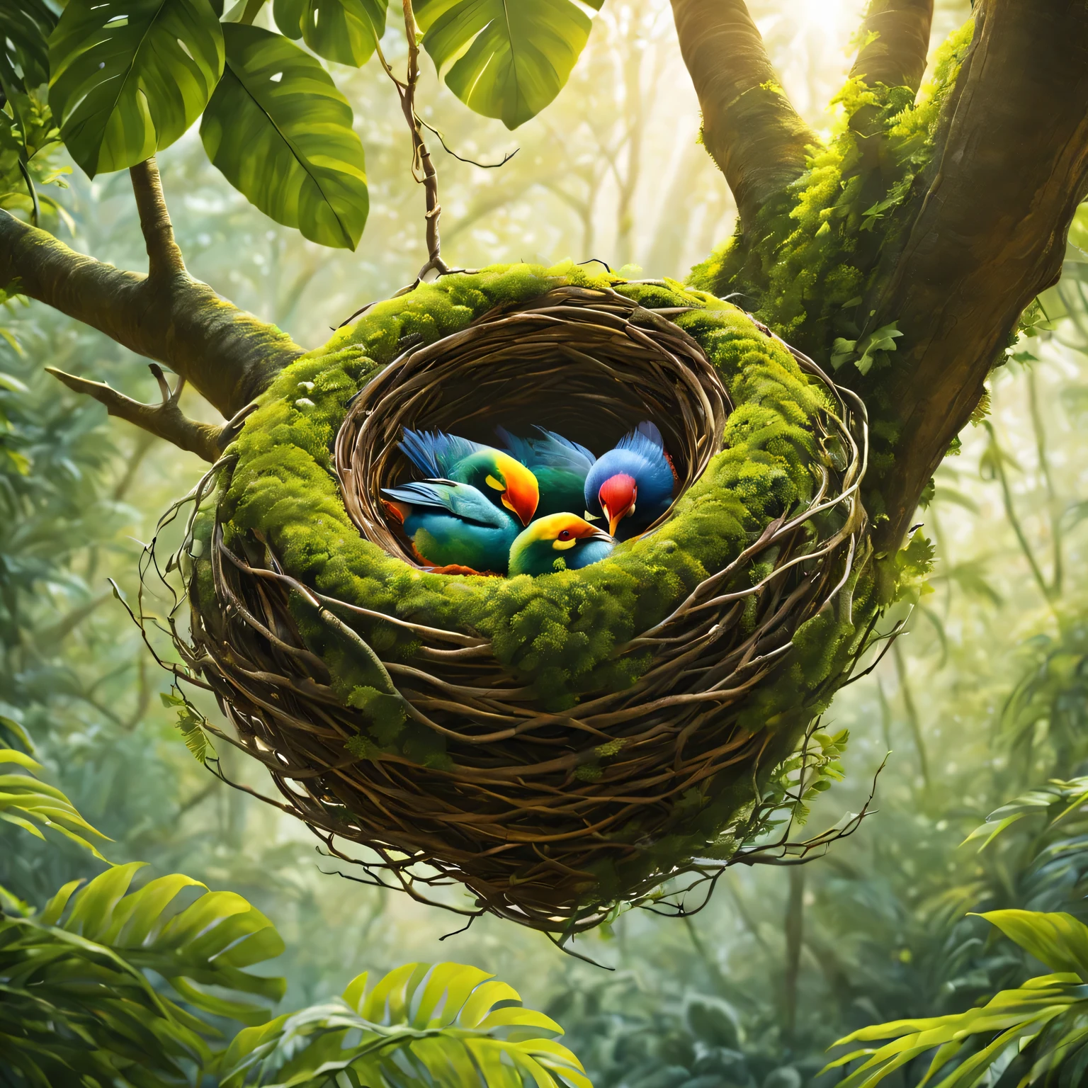 tree nest,In dense tropical forests,Bright colors of nature,Delicate and intricate weave,best quality,Super detailed,Fine craftsmanship,soft feather,sparkling in the sun,branches and leaves intertwined,Natural and organic,exquisite masterpiece,Beautifully designed,hanging from branches,hide and protect,Harmony with surroundings,Very attentive to details,Give birth to new life,serenity and calm,high resolution,Well-constructed,Warm and safe,Blend seamlessly with nature,Vivid green leaves,lifelike,dappled sunshine,Peaceful and comfortable,amidst the lush canopy of trees,Dreamlike and ethereal,Superb Creation.
