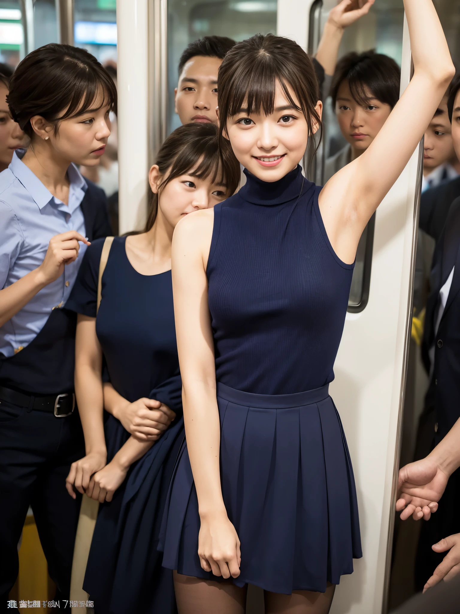 nsfw, best picture quality, 8K, high quality, masterpiece:1.2), ((masterpiece)), (high detail, high quality, best picture quality), bokeh, DOF, Portrait, open stance, (photo realistic:1.4), real skin texture, A sleeveless navy turtleneck knit, frilled tight skirt, short hair, pantyhose, (holding on to the train's suspension leathers:1.2) on a (crowded subway train), (her armpits fully visible), very round face, brown hair, plump body, shoot from below, looking aside, bun style hair, smiling, short height, small head and face, watched by crowd
