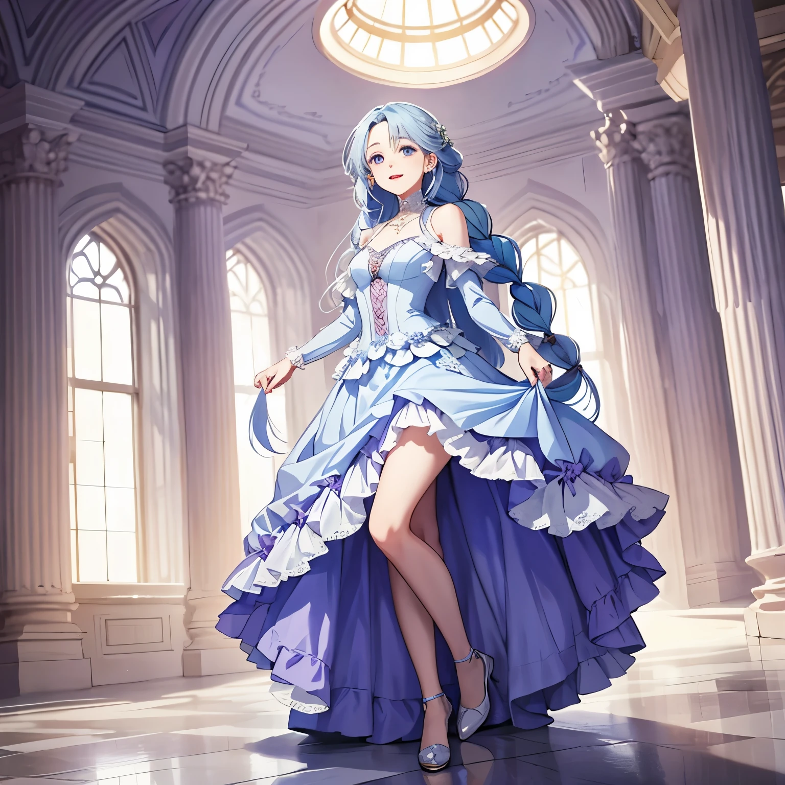 Young woman, excited, long hair, knee legnth hair, very light blue hair, thick braid, broad shoulders, lavender eyes, pale skin, flat chested, light pale purple dress, ballgown, full body, castle ballroom, warm lighting