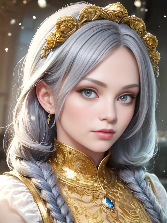 (height:1.2),(best quality,very detailed,realistic:1.37),(Portrait,traditional Portrait),(Gray hair,blue hair),(Glittering golden eyes),(Golden yellow clothing),(look at the sky),(Upper body or whole body),(Hair flowing like a waterfall),(Snow white skin),(Elegant side braid)