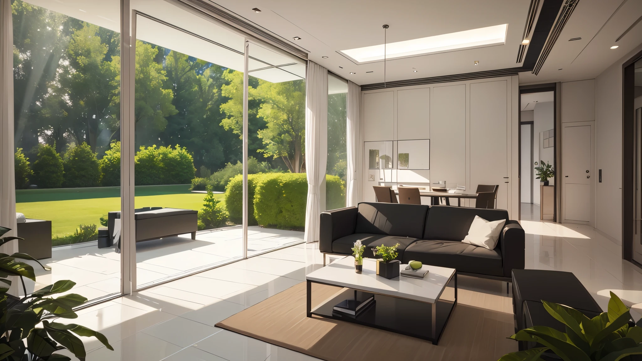 You are a famous interior designer、You have been asked to create a 3D image of a modern large room. Create a harmonious environment with modern and minimalist furniture. Including garden interior.