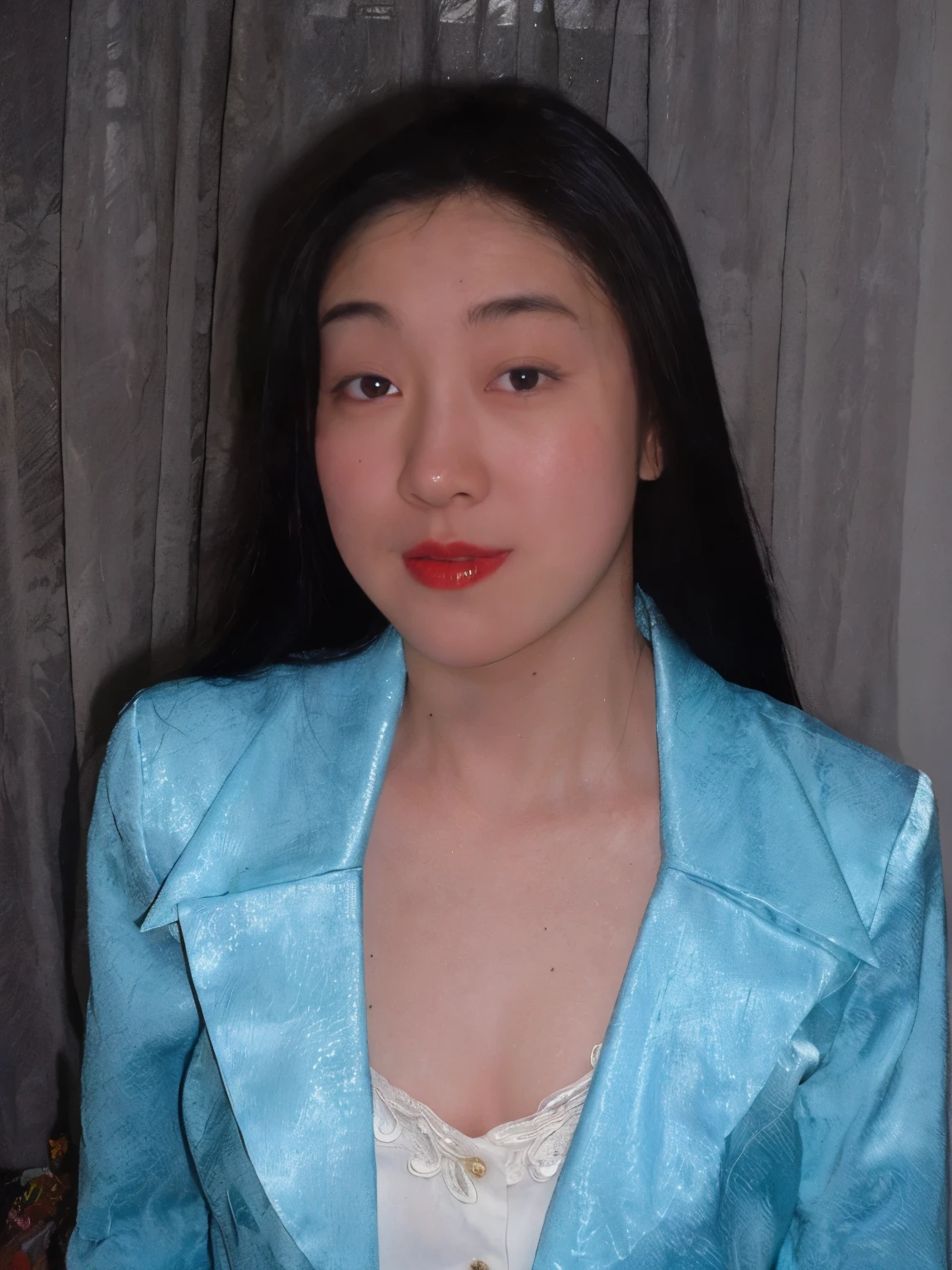 There&#39;s a woman wearing a blue jacket and red lipstick, an asian women, in a blue qipao, akiko takase, Wearing Blue Cheongsam, Jen Gee, asian women, itsuko azuma, wearing blue jacket, inspired by Ayako Rokkaku, Kazue Kato, Chinese female, asian woman, kiyoko suzuki, asian women