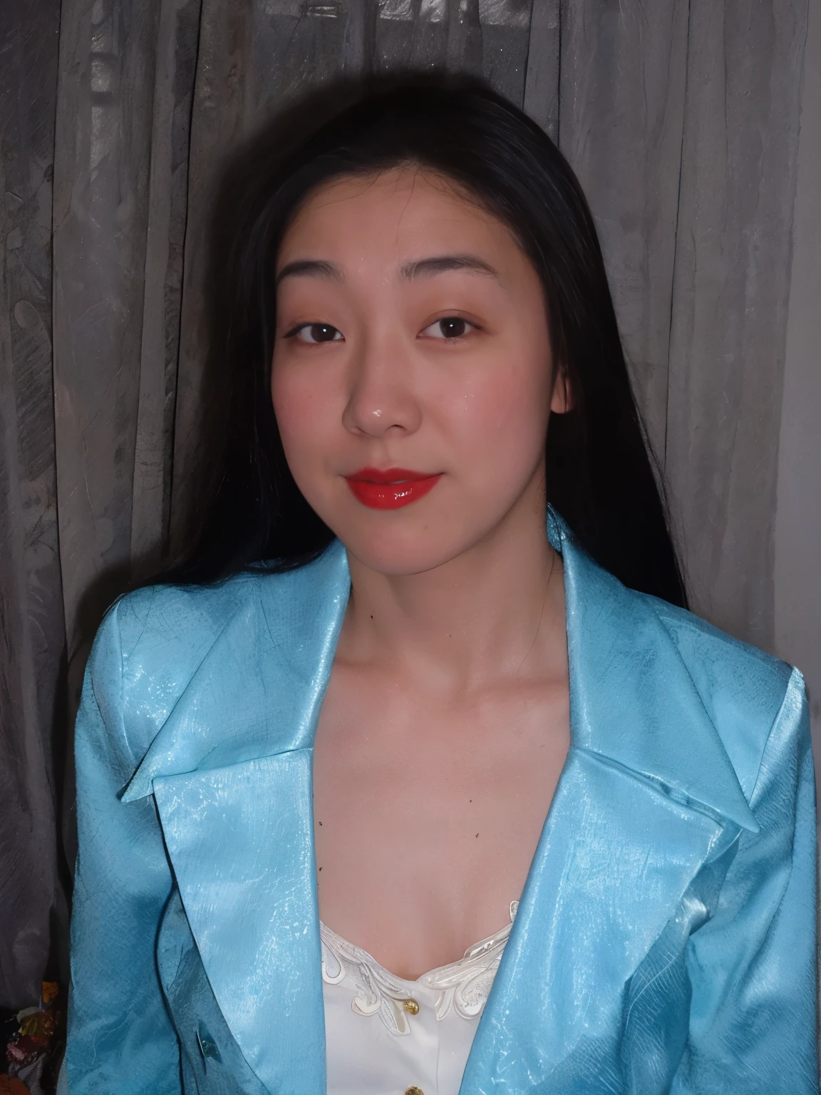 There&#39;s a woman wearing a blue jacket and red lipstick, an asian women, in a blue qipao, akiko takase, Wearing Blue Cheongsam, Jen Gee, asian women, itsuko azuma, wearing blue jacket, inspired by Ayako Rokkaku, Kazue Kato, Chinese female, asian woman, kiyoko suzuki, asian women