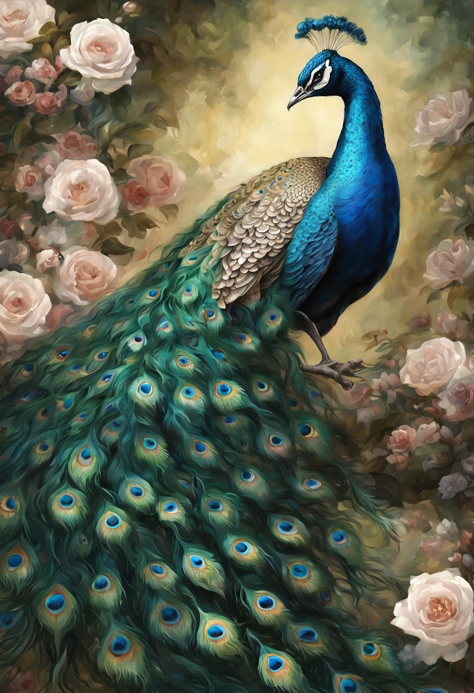 a painting of a peacock with flowers and leaves on it, a detailed painting by Nene Thomas, trending on cgsociety, fantasy art, peacock. intricate, beautiful detail and color, beautiful gorgeous digital art, beautiful illustration, beautiful and graceful, gorgeous digital art, full of colors and rich detail, beautiful!!! digital art, peacock