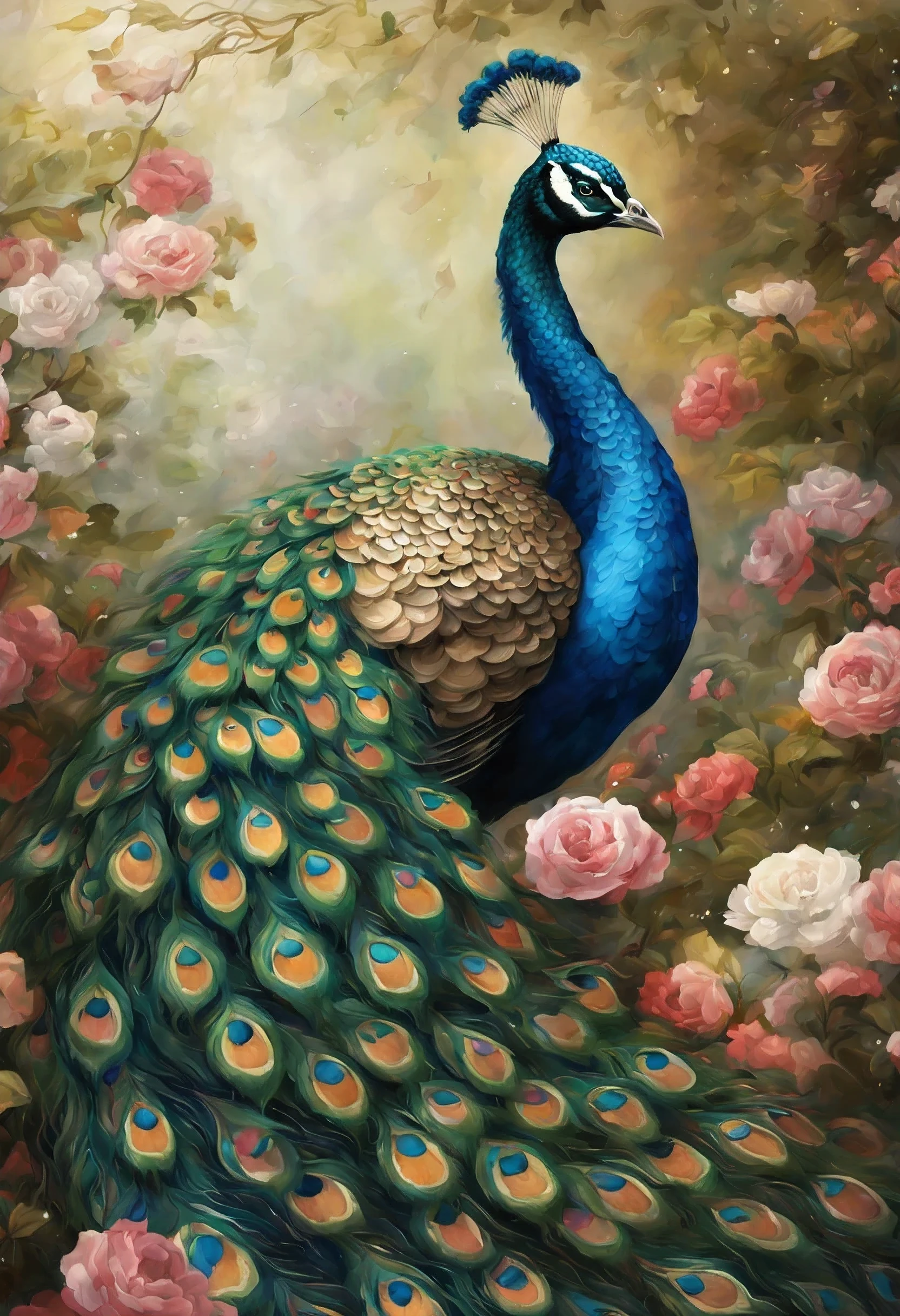 a painting of a peacock with flowers and leaves on it, peacock. intricate, beautiful detail and color, beautiful gorgeous digital art, beautiful illustration, beautiful and graceful, full of colors and rich detail, gorgeous digital art, beautiful!!! digital art, peacock, by Nene Thomas, by Yang J, birds f cgsociety