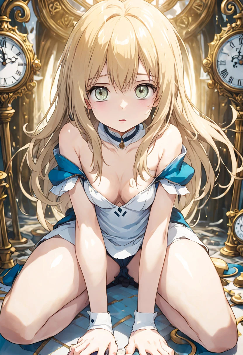 ultra-detailed,(best quality),((masterpiece)),(highres),original,extremely detailed 8K wallpaper,(an extremely delicate and beautiful),
anime,
Alice in Wonderland,1girl blonde straight hair serious stocking sit clocks ( manga-anime , gradient by Yuumei Victo Ngai),(((No Panties))), (((twat))), Open twat,(squatting on,spread legs), (((hair of pubis, Not safe for work))), pubisure,　(top-less, small breasts, nipp),  ((pussy juice, Sweat, Sweatdrop)), (((spread pussy,Not Safe for Work))), ((ure-thra)), urinates, anus, steam, ((arms behind back)),