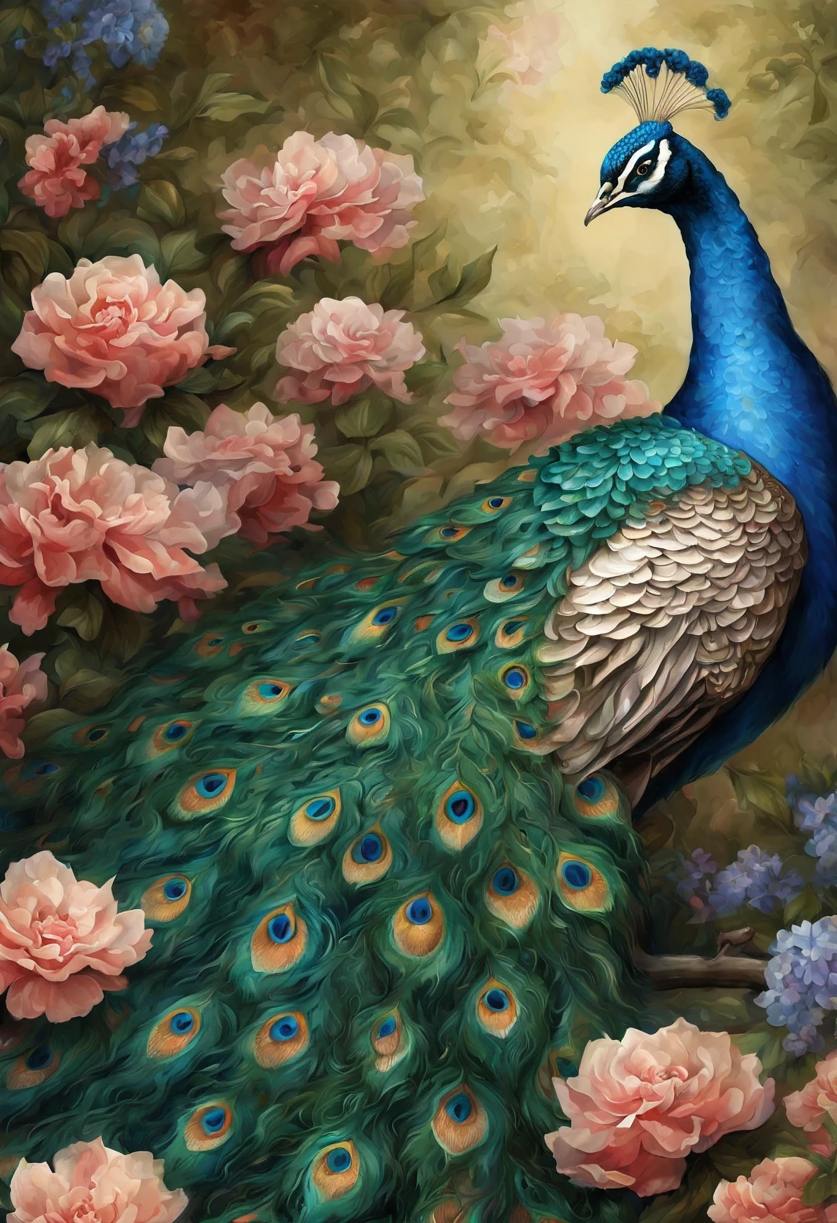 a painting of a peacock with flowers and leaves on it, peacock. intricate, beautiful detail and color, beautiful gorgeous digital art, beautiful illustration, beautiful and graceful, full of colors and rich detail, gorgeous digital art, beautiful!!! digital art, peacock, by Nene Thomas, by Yang J, birds f cgsociety