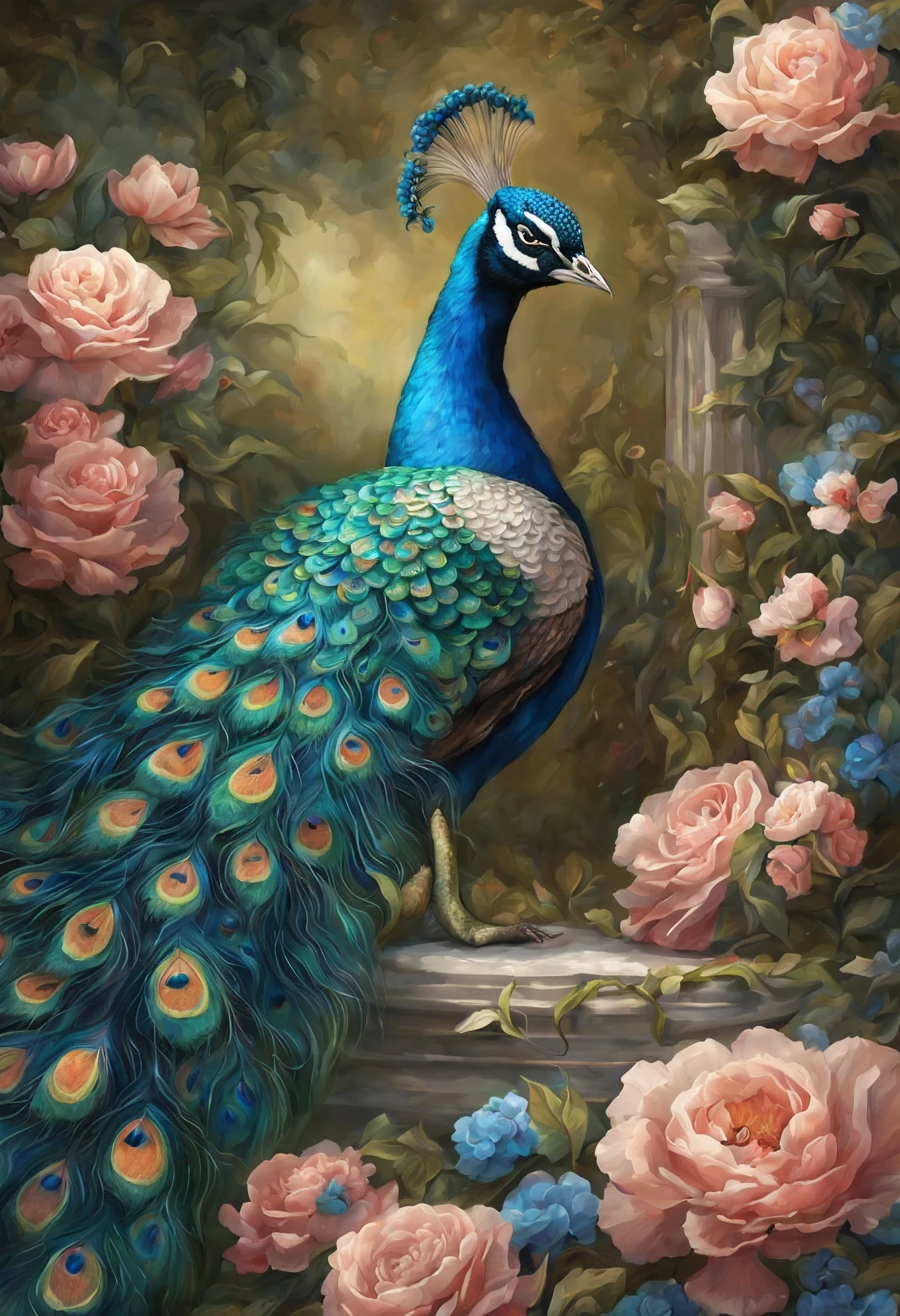 a painting of a peacock with flowers and leaves on it, a detailed painting by Nene Thomas, trending on cgsociety, fantasy art, peacock. intricate, beautiful detail and color, beautiful gorgeous digital art, beautiful illustration, beautiful and graceful, gorgeous digital art, full of colors and rich detail, beautiful!!! digital art, peacock
