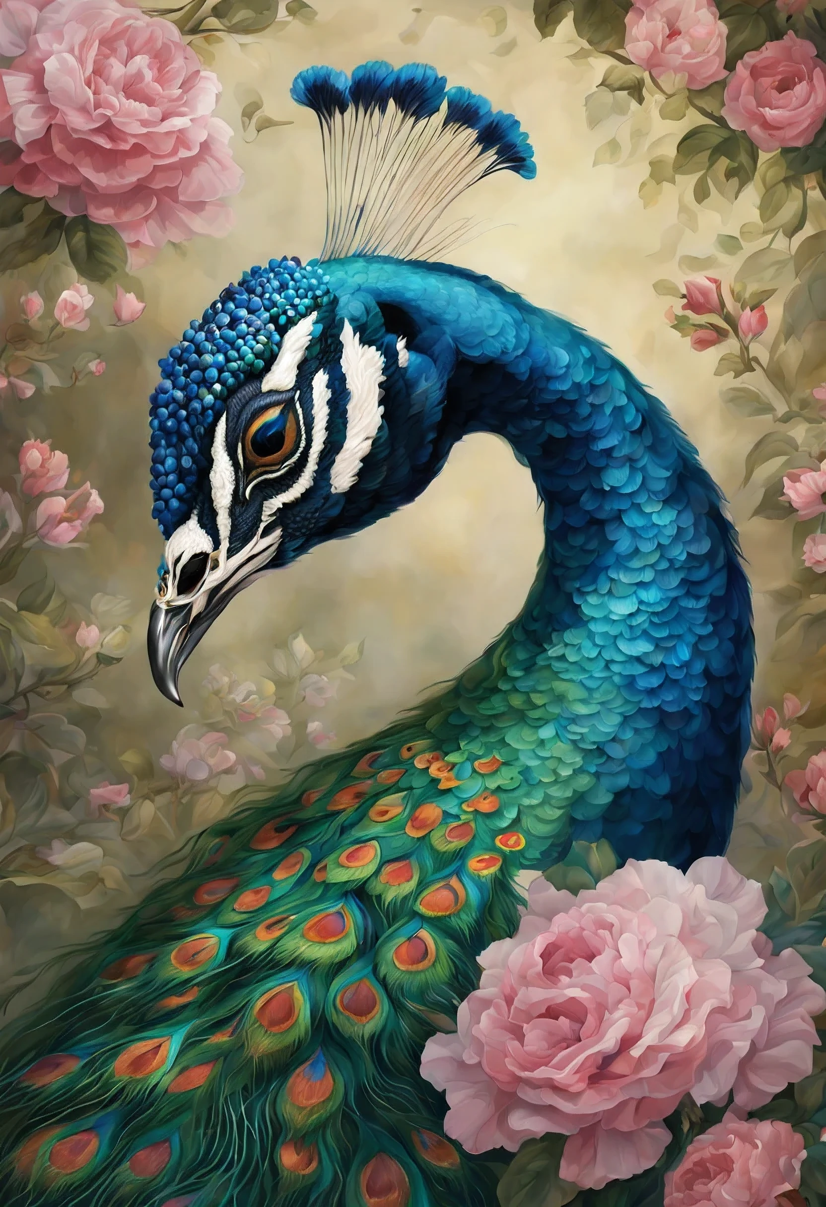 a painting of a peacock with flowers and leaves on it, a detailed painting by Nene Thomas, trending on cgsociety, fantasy art, peacock. intricate, beautiful detail and color, beautiful gorgeous digital art, beautiful illustration, beautiful and graceful, gorgeous digital art, full of colors and rich detail, beautiful!!! digital art, peacock
