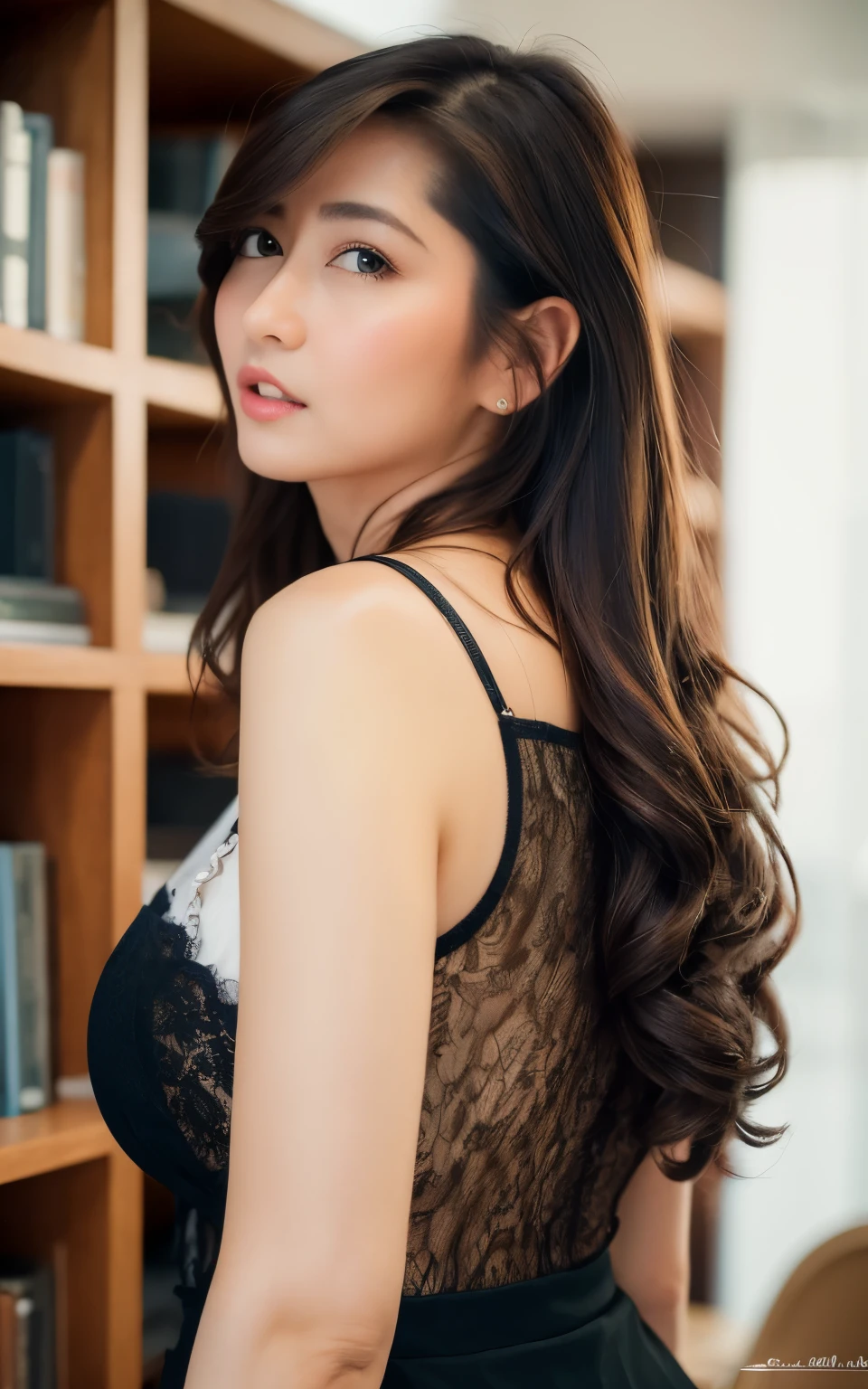 extremely detailed CG unity 8k wallpaper, best quality, ultra-detailed, masterpiece, realistic, photo realistic, extremely detailed cute girl, 30years old, secretary, large breasts, blush, parted lips, (blazer), (cleavage),  pencil skirt , office ,room with bookshelves , half body shot , hair intakes , ass shot