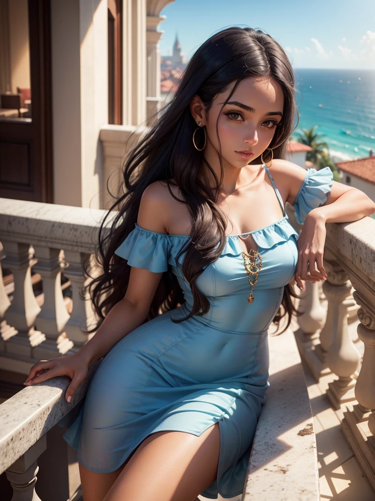 Mulher de 18 anos, pele clara, cabelo liso, vestido justo, on the balcony of a luxurious building
