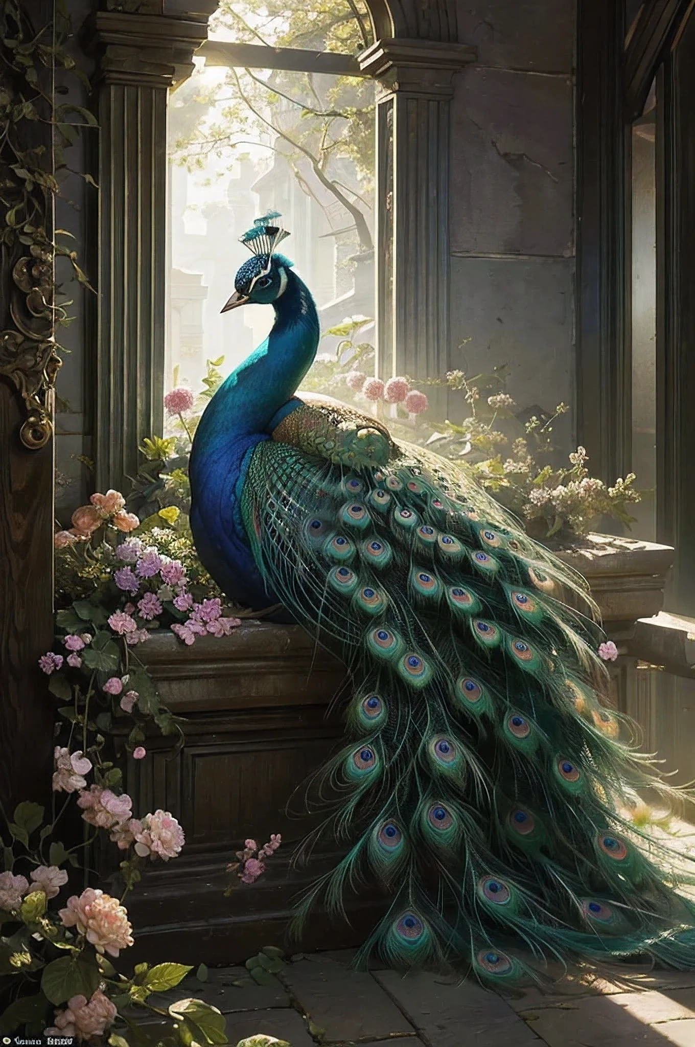 a painting of a peacock with flowers and leaves on it, a detailed painting by Nene Thomas, trending on cgsociety, fantasy art, peacock. intricate, beautiful detail and color, beautiful gorgeous digital art, beautiful illustration, beautiful and graceful, gorgeous digital art, full of colors and rich detail, beautiful!!! digital art, peacock