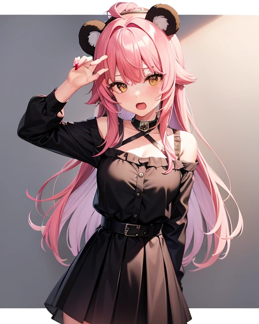 (1 girl:0.993), (animal ears:0.824), (d::0.545), (open your mouth:0.944), (Panda ears:0.878), (parody:0.655), (pink hair:0.728), (short hair:0.733), (alone:0.972), (I opened my eyes:0.563),whole body,