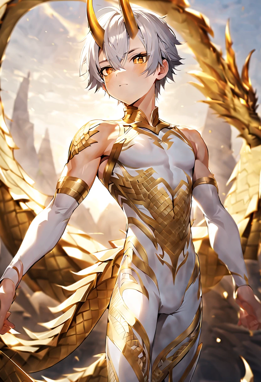 （1 boy），（（（solo））），（Male juvenile）, Handsome boy, snow-white hair, golden dragon horn, （（white bodysuit））,Patterned tights，short hair，Single photo，golden eyes，Golden dragon as background，Golden light，Juvenile muscles，