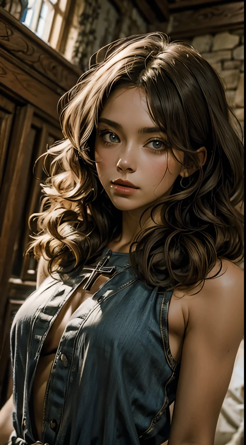 Woman curls and christian cross