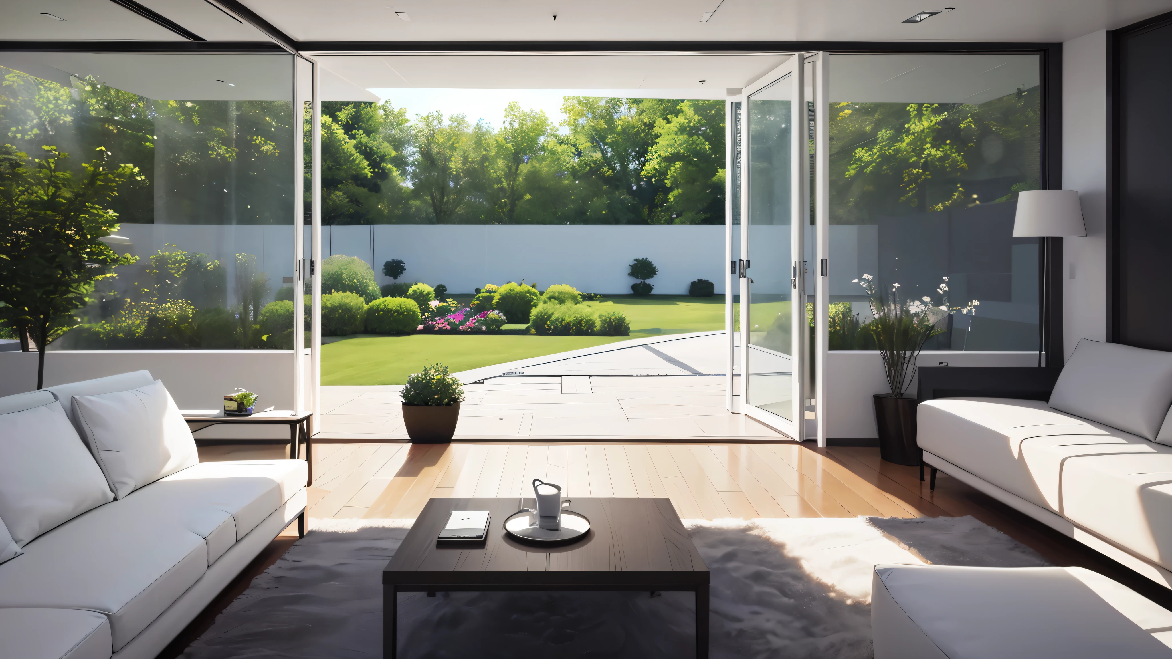 You are a famous interior designer、You have been asked to create a 3D image of a modern large room. Create a harmonious environment with modern and minimalist furniture. Including garden interior.