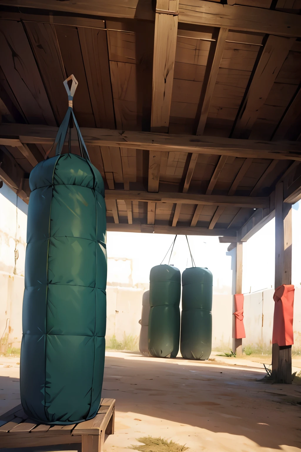 an empty ancient melee training area with straw targets straw dummy punching bag no people