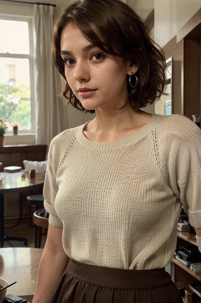 (Realistic:1.2), analog photo, selfie,ultra detailed, film grain , whit ,photorealistic, whit woman ,21 year old gril , , cinematic lights, silhouette stands in a sunbeam ,black skirt ,wearing a whit sweater, that has a very natural face, thin lips, thin eyes, thin eyebrows, thin nose, earrings, long eyelashes. She makes a cute selfie in a cafe brown hair) (short curly hair, wild hair, stylish cut) thin face, thin nose, beautiful, very beautiful, perfect face, slender body (slender), (brown hair) (whit skin)