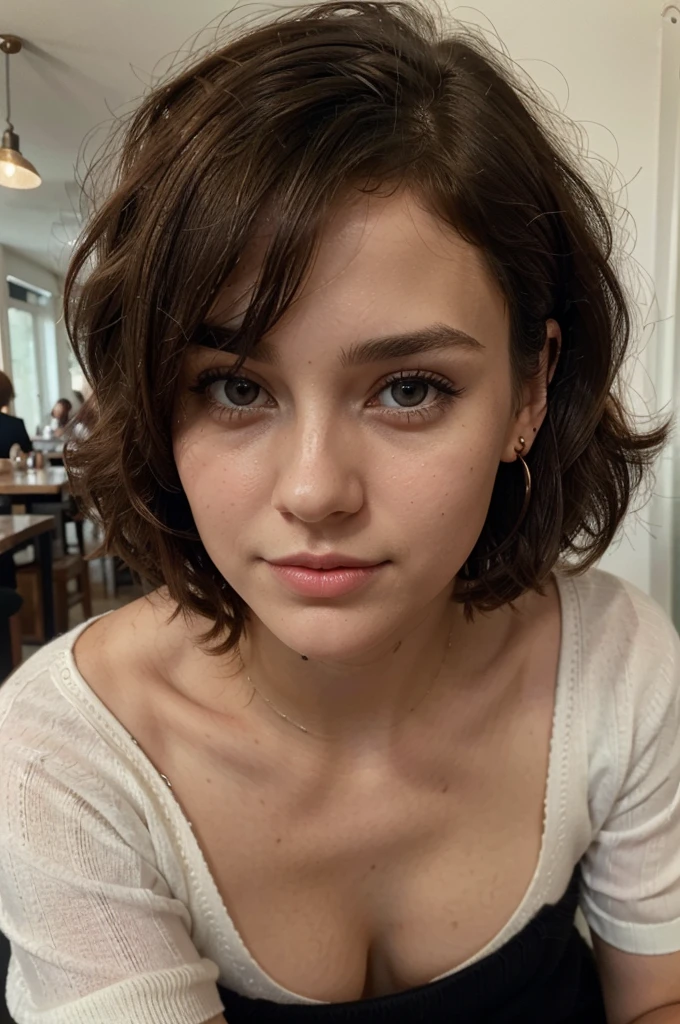 (Realistic:1.2), analog photo, selfie,ultra detailed, film grain , whit ,photorealistic, whit woman ,21 year old gril , , cinematic lights, silhouette stands in a sunbeam ,black skirt ,wearing a whit sweater, that has a very natural face, thin lips, thin eyes, thin eyebrows, thin nose, earrings, long eyelashes. She makes a cute selfie in a cafe brown hair) (short curly hair, wild hair, stylish cut) thin face, thin nose, beautiful, very beautiful, perfect face, slender body (slender), (brown hair) (whit skin)